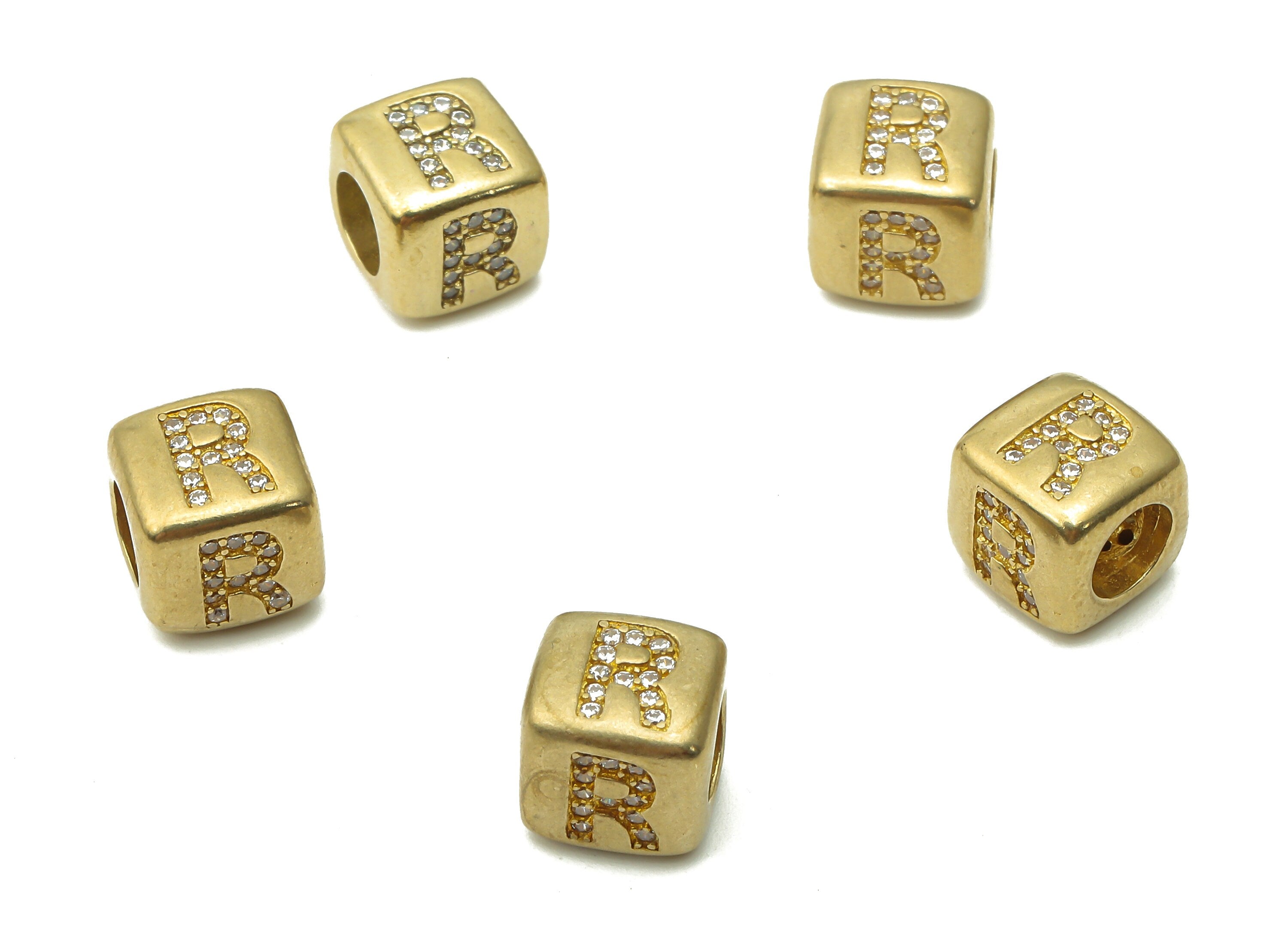Alphabet Cube Bead R - Brass Initial Letter R - Raw Brass Zircon Letters Beads - Letter R Cube Bead - 8.63x8.63x 8.46mm - PP7804R - DOMEDBAZAAR