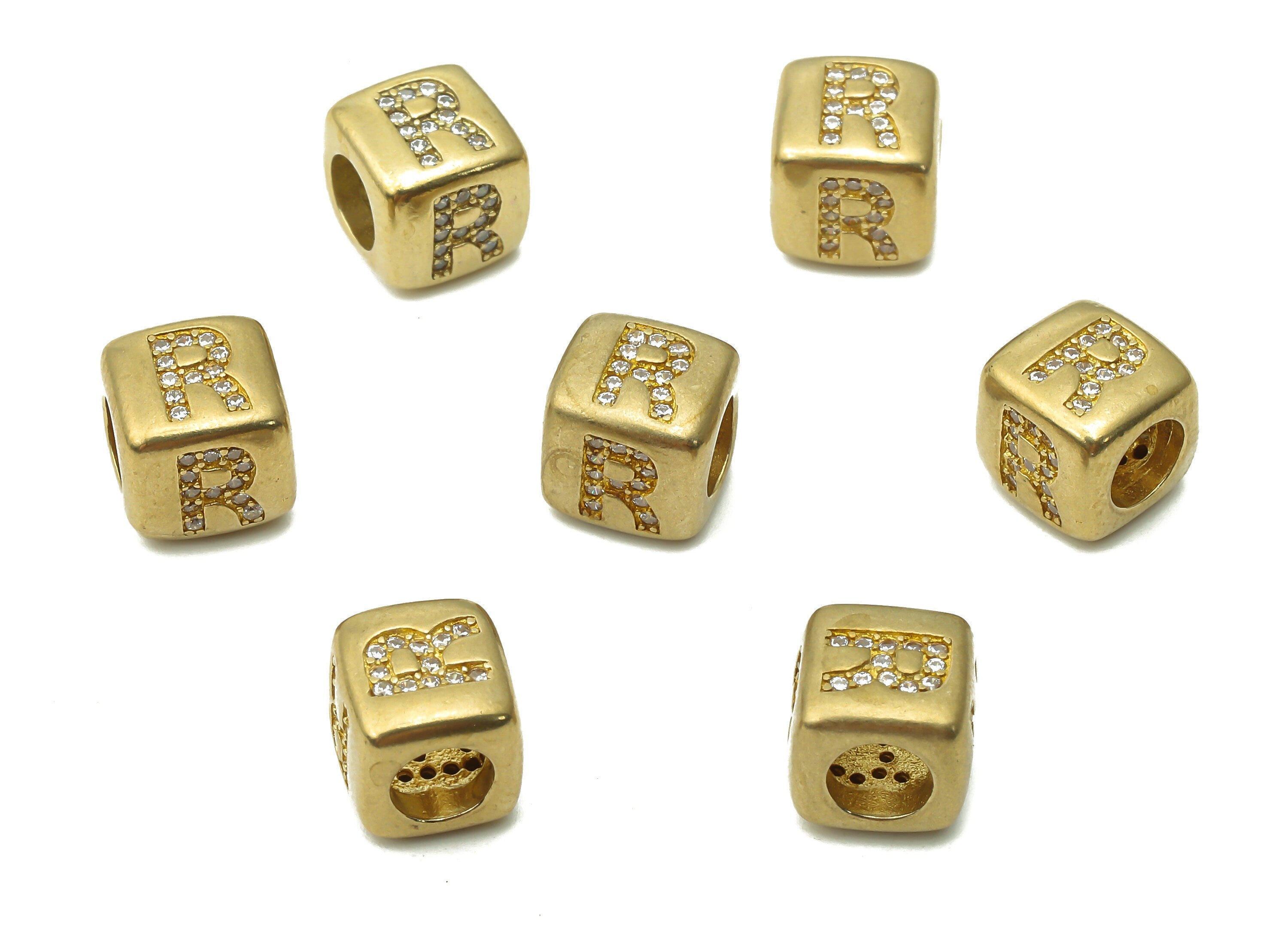 Alphabet Cube Bead R - Brass Initial Letter R - Raw Brass Zircon Letters Beads - Letter R Cube Bead - 8.63x8.63x 8.46mm - PP7804R - DOMEDBAZAAR