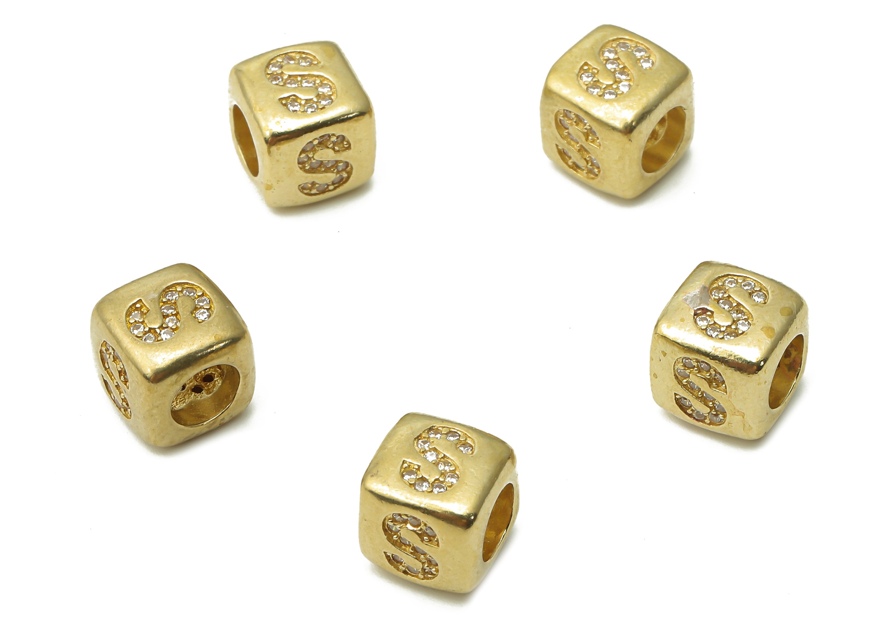 Alphabet Cube Bead S - Brass Initial Letter S - Raw Brass Zircon Letters Beads - Letter S Cube Bead - 8.63x8.63x 8.46mm - PP7804S - DOMEDBAZAAR