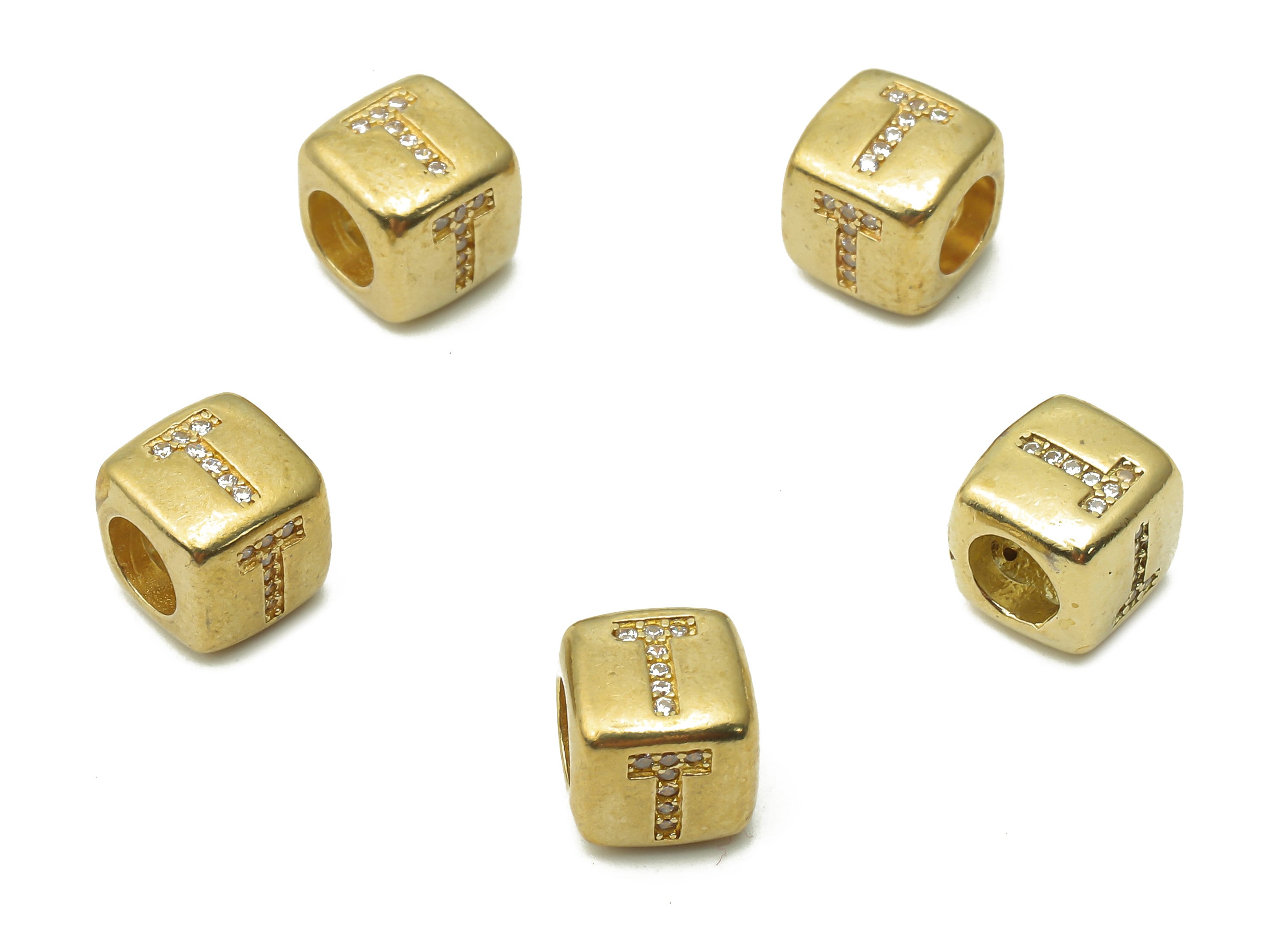 Alphabet Cube Bead T - Brass Initial Letter T - Raw Brass Zircon Letters Beads - Letter T Cube Bead - 8.63x8.63x 8.46mm - PP7804T - DOMEDBAZAAR
