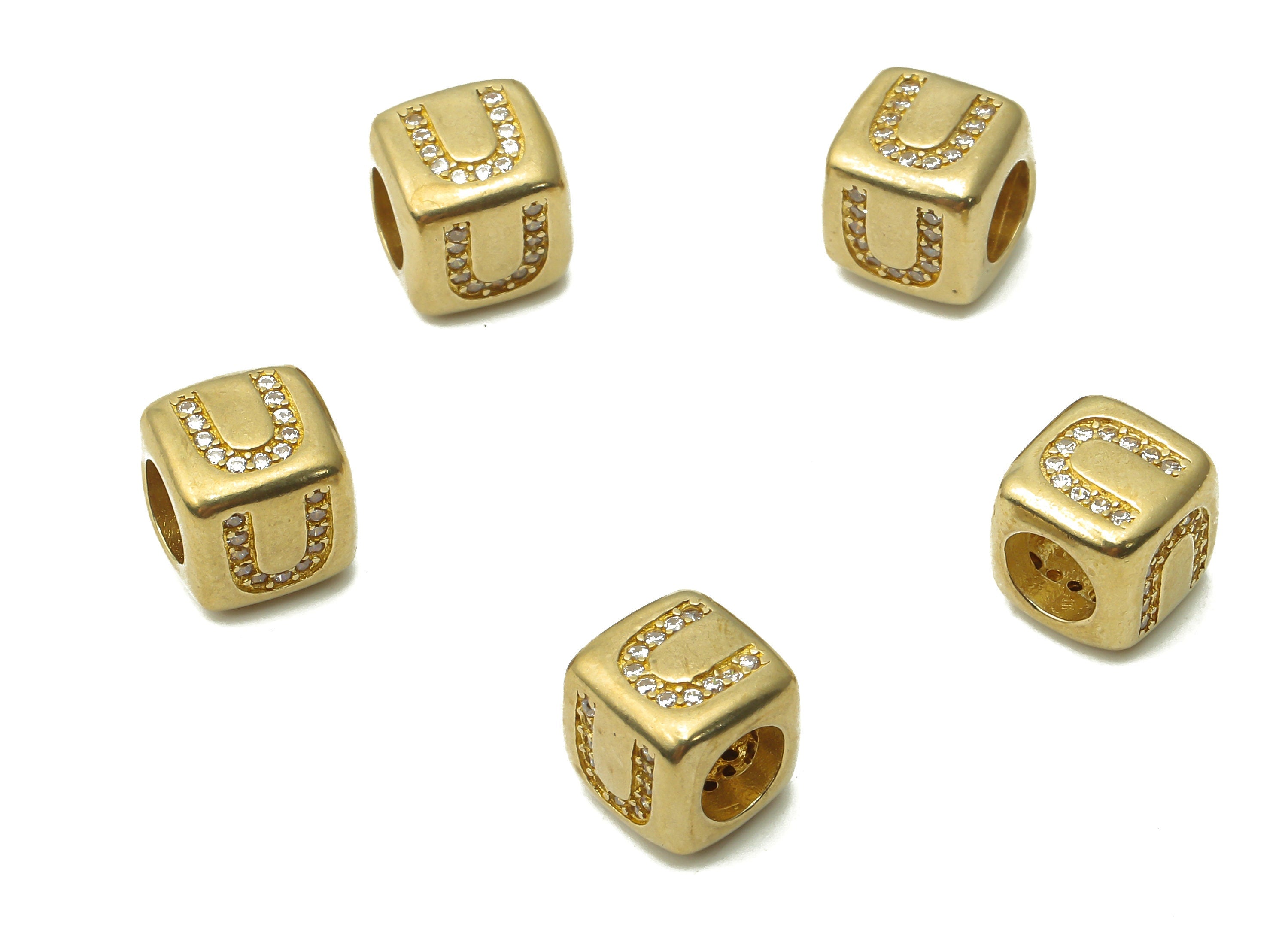 Alphabet Cube Bead U - Brass Initial Letter U - Raw Brass Zircon Letters Beads - Letter U Cube Bead - 8.63x8.63x 8.46mm - PP7804U - DOMEDBAZAAR