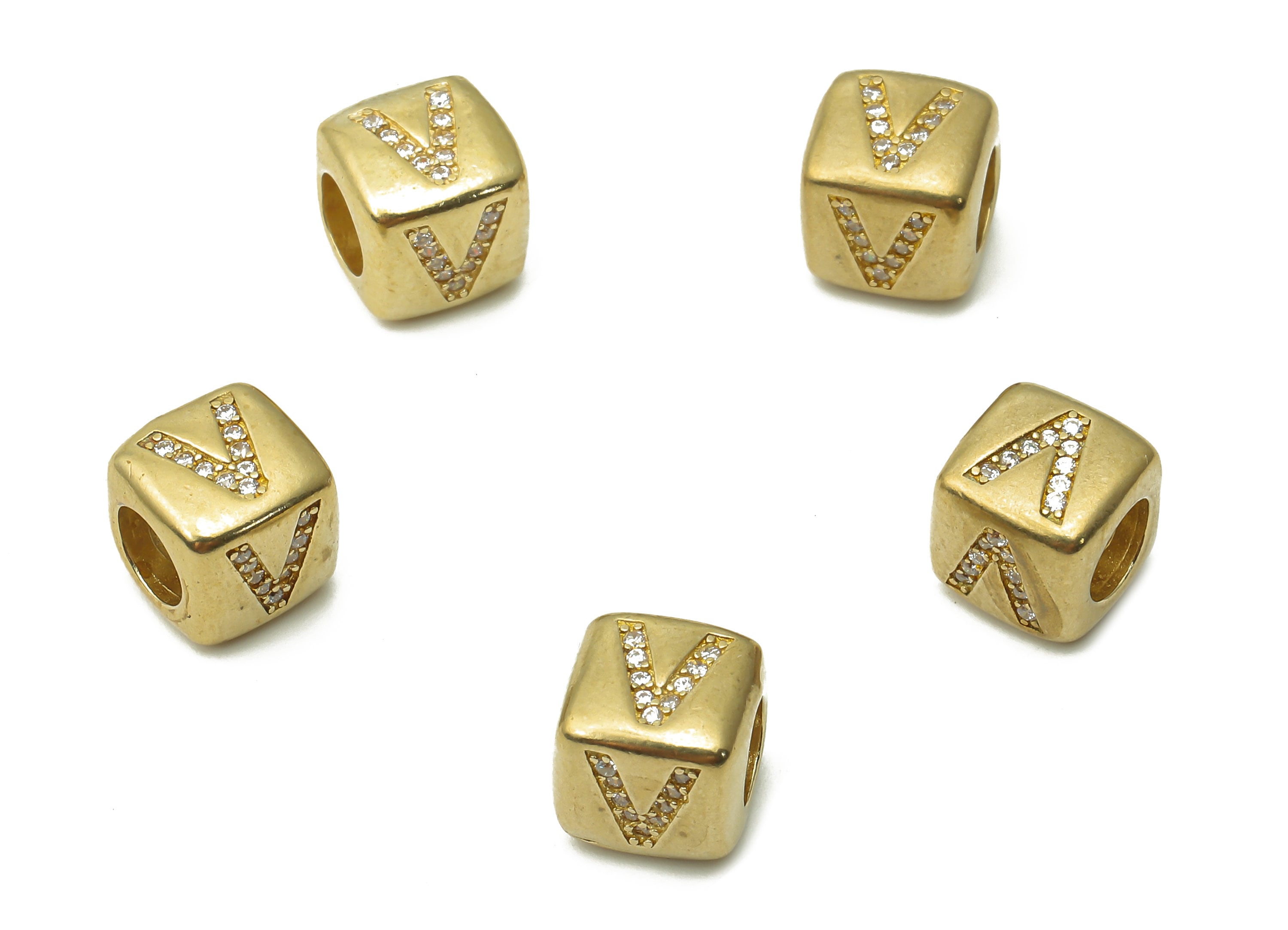 Alphabet Cube Bead V - Brass Initial Letter V - Raw Brass Zircon Letters Beads - Letter V Cube Bead - 8.63x8.63x 8.46mm - PP7804V - DOMEDBAZAAR