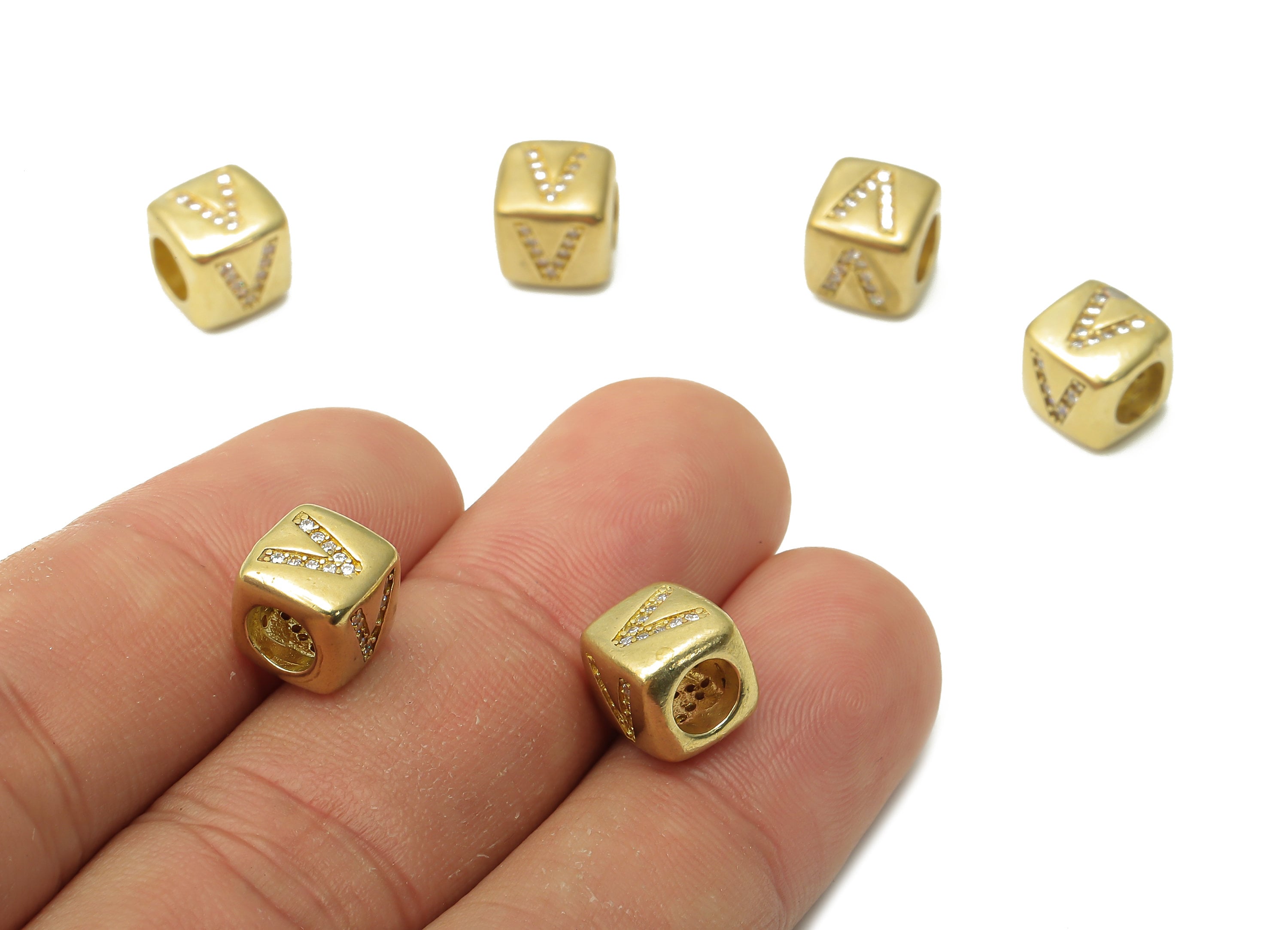 Alphabet Cube Bead V - Brass Initial Letter V - Raw Brass Zircon Letters Beads - Letter V Cube Bead - 8.63x8.63x 8.46mm - PP7804V - DOMEDBAZAAR