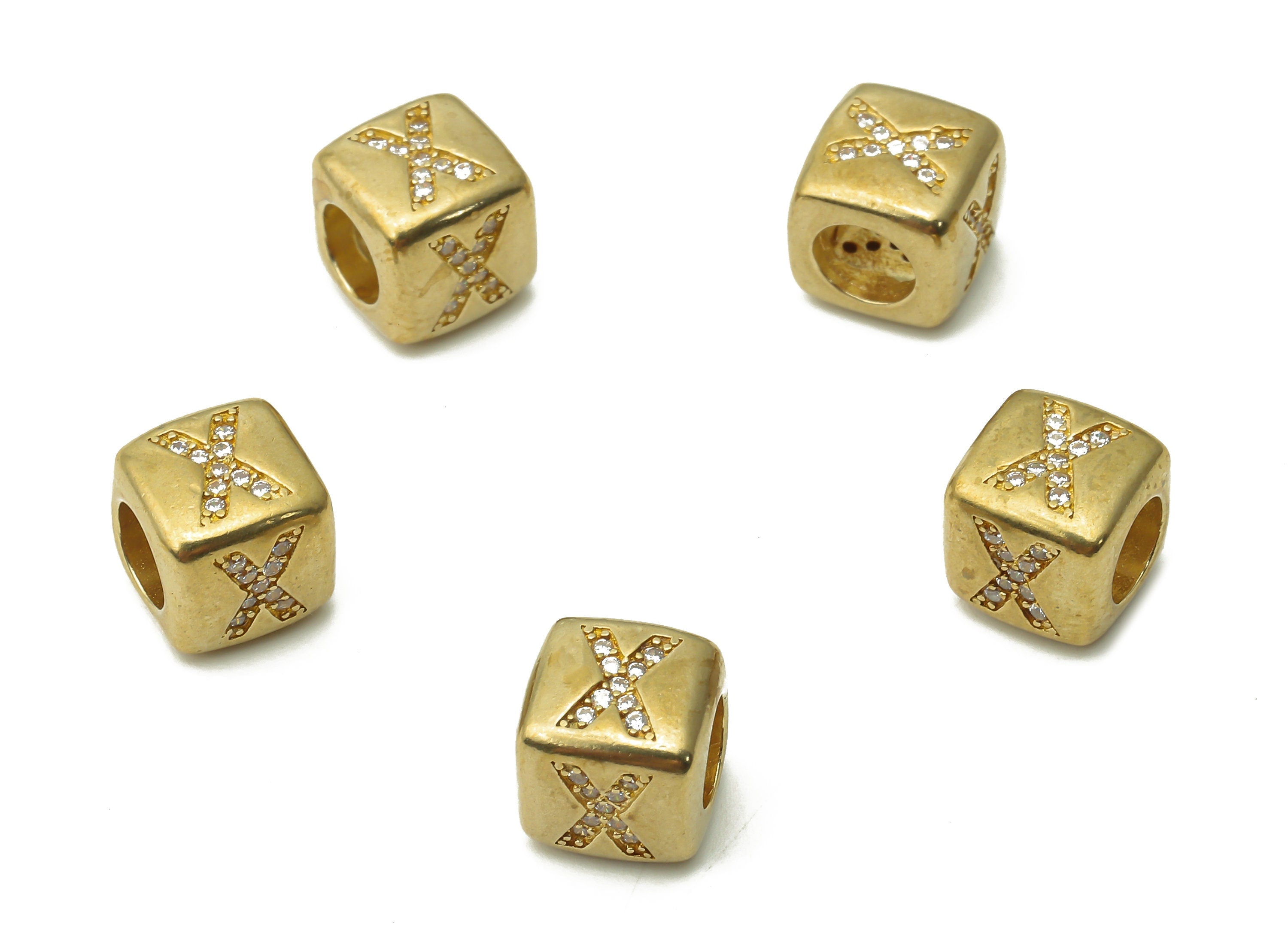 Alphabet Cube Bead X - Brass Initial Letter X - Raw Brass Zircon Letters Beads - Letter X Cube Bead - 8.63x8.63x 8.46mm - PP7804X - DOMEDBAZAAR