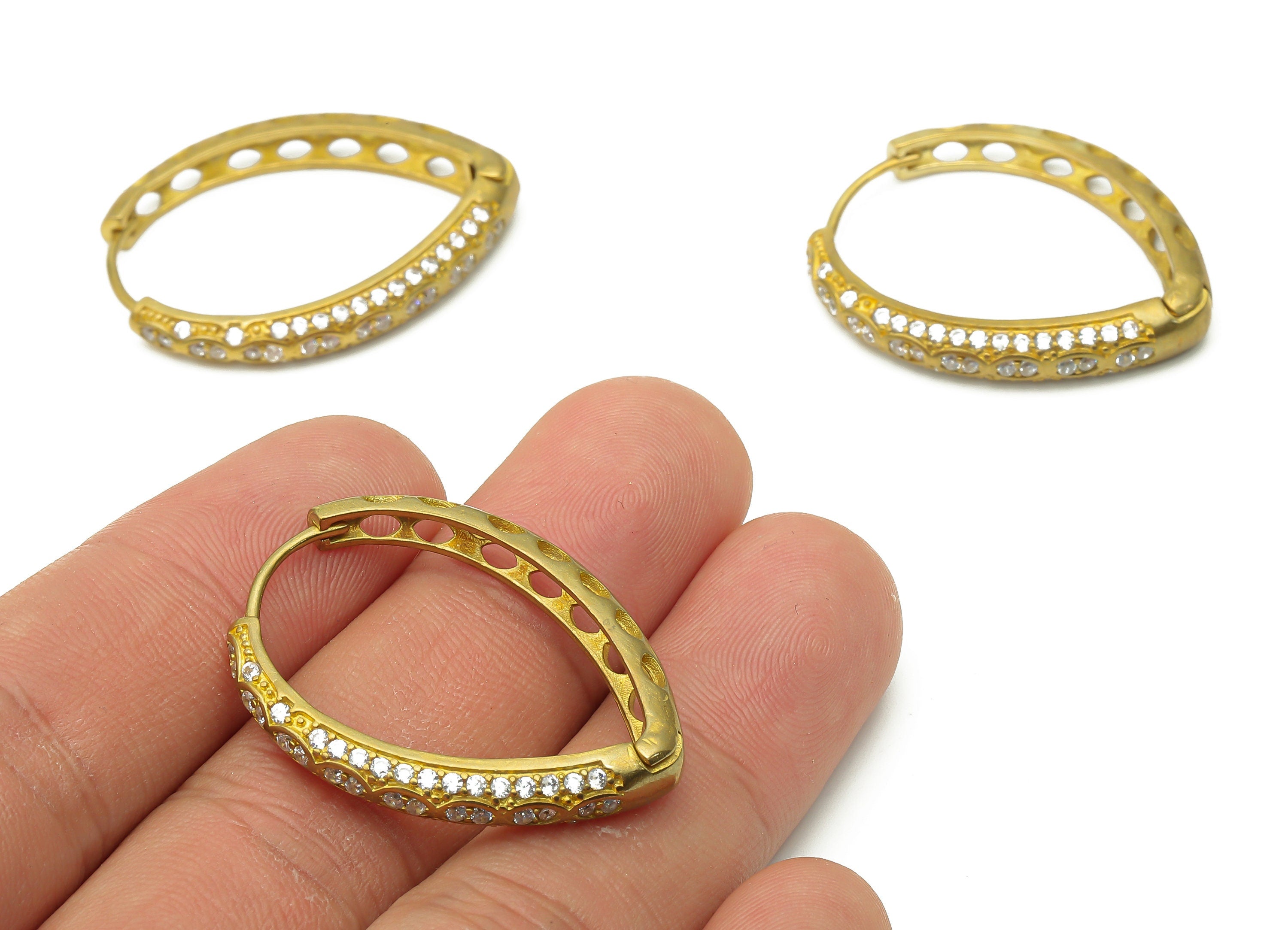 Brass Drop Huggie Hoop Earring With Zircon - Raw Brass Eye Drop Hoop - Brass Textured Hoop Earring - 33.37x26.85x4.52mm - PP7834 - DOMEDBAZAAR