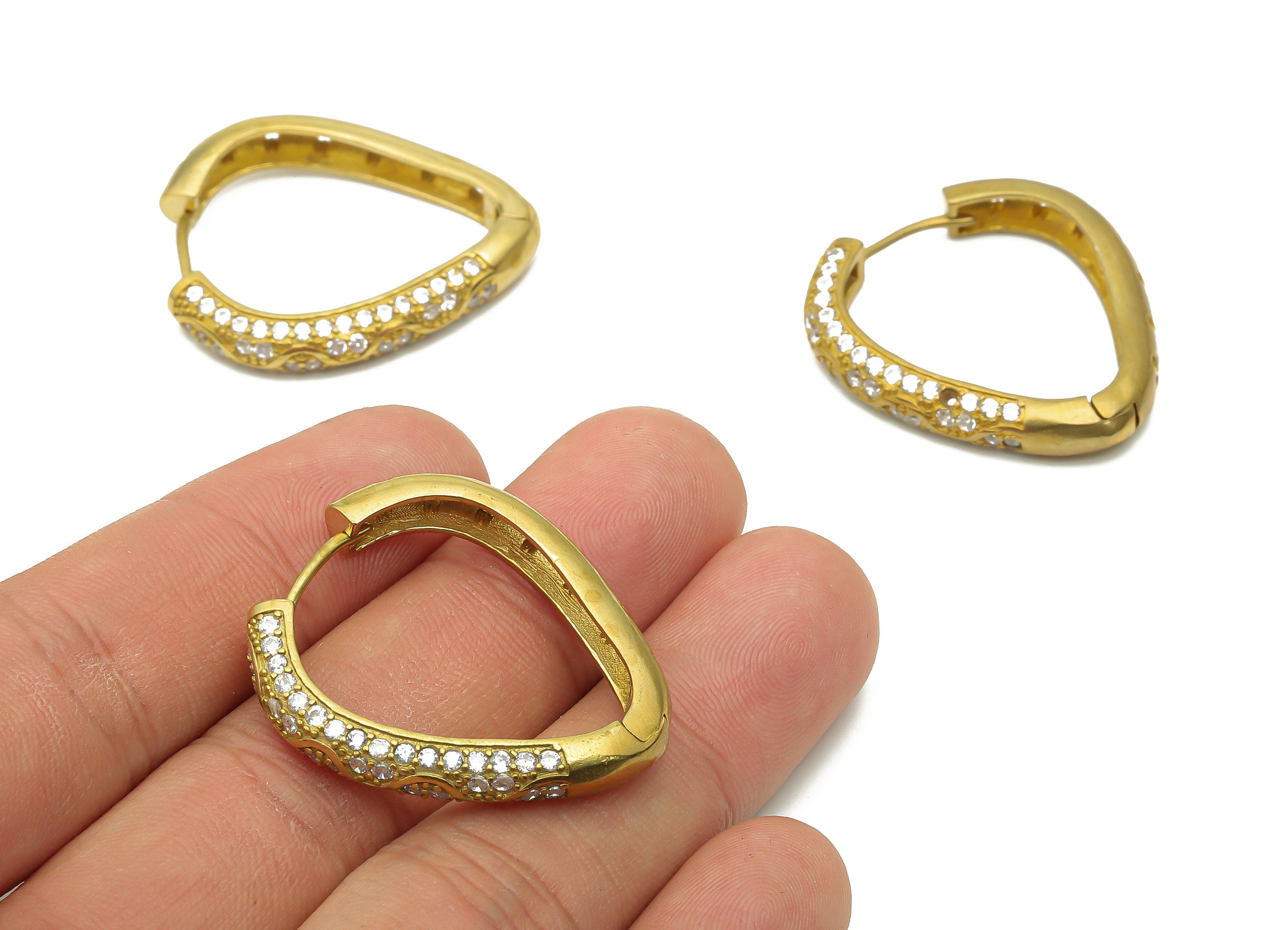 Brass Drop Huggie Hoop Earrings with Zircon - Raw Brass Eyedrop Huggie Hoop Earrings - Brass Hoop Earrings - 34.08x30.3x5.1mm - PP7836 - DOMEDBAZAAR