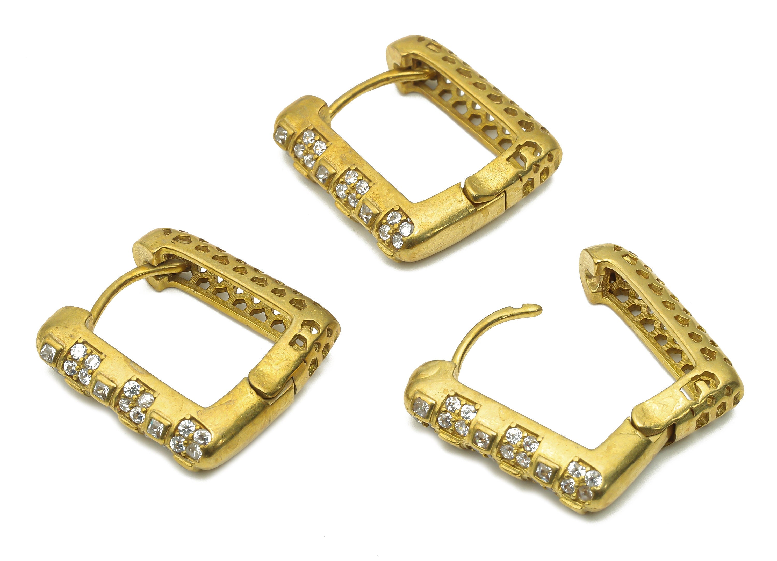 Brass Textured Square Hoop Earrings with Zircon - Raw Brass Thick Huggie Hoop - Brass Square Huggie Hoop - 22.5x20.88x5.3mm - PP7841 - DOMEDBAZAAR