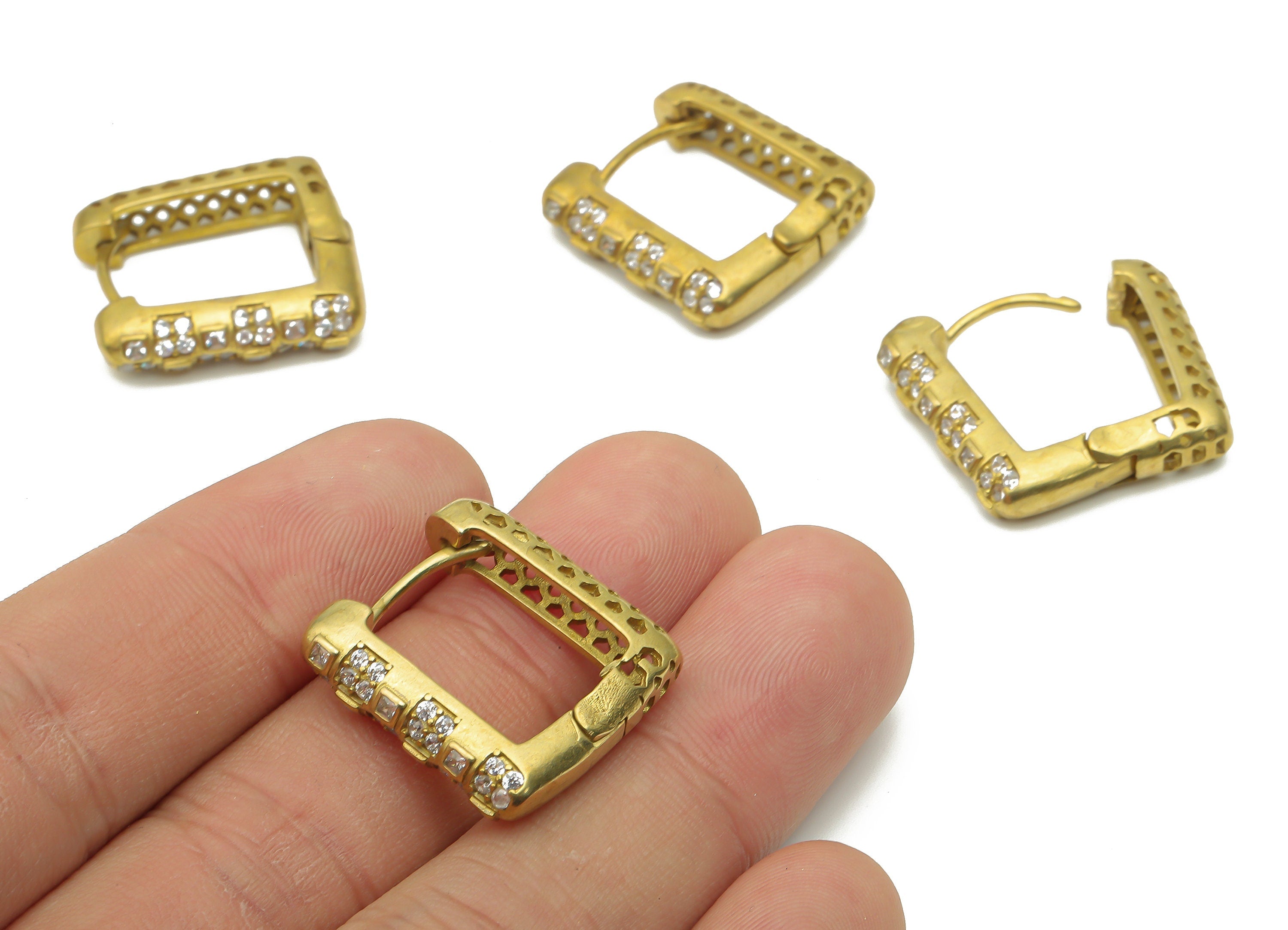 Brass Textured Square Hoop Earrings with Zircon - Raw Brass Thick Huggie Hoop - Brass Square Huggie Hoop - 22.5x20.88x5.3mm - PP7841 - DOMEDBAZAAR