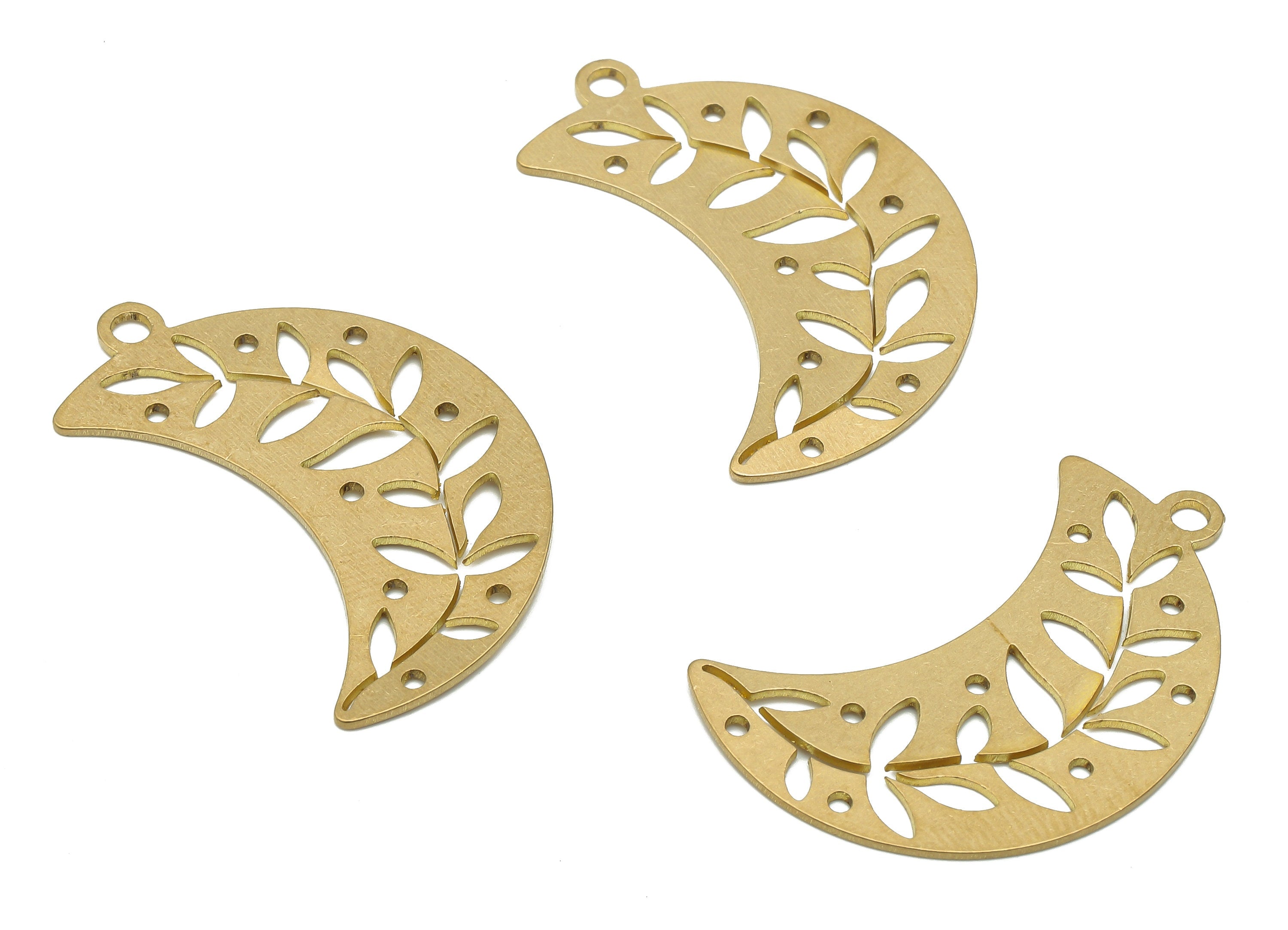 Brass Crescent Earring Charm - Raw Brass Branch Pendant - Brass Moon Necklace - Leaves Pendant - 31.97x20.4x0.67mm - PPA4059 - DOMEDBAZAAR
