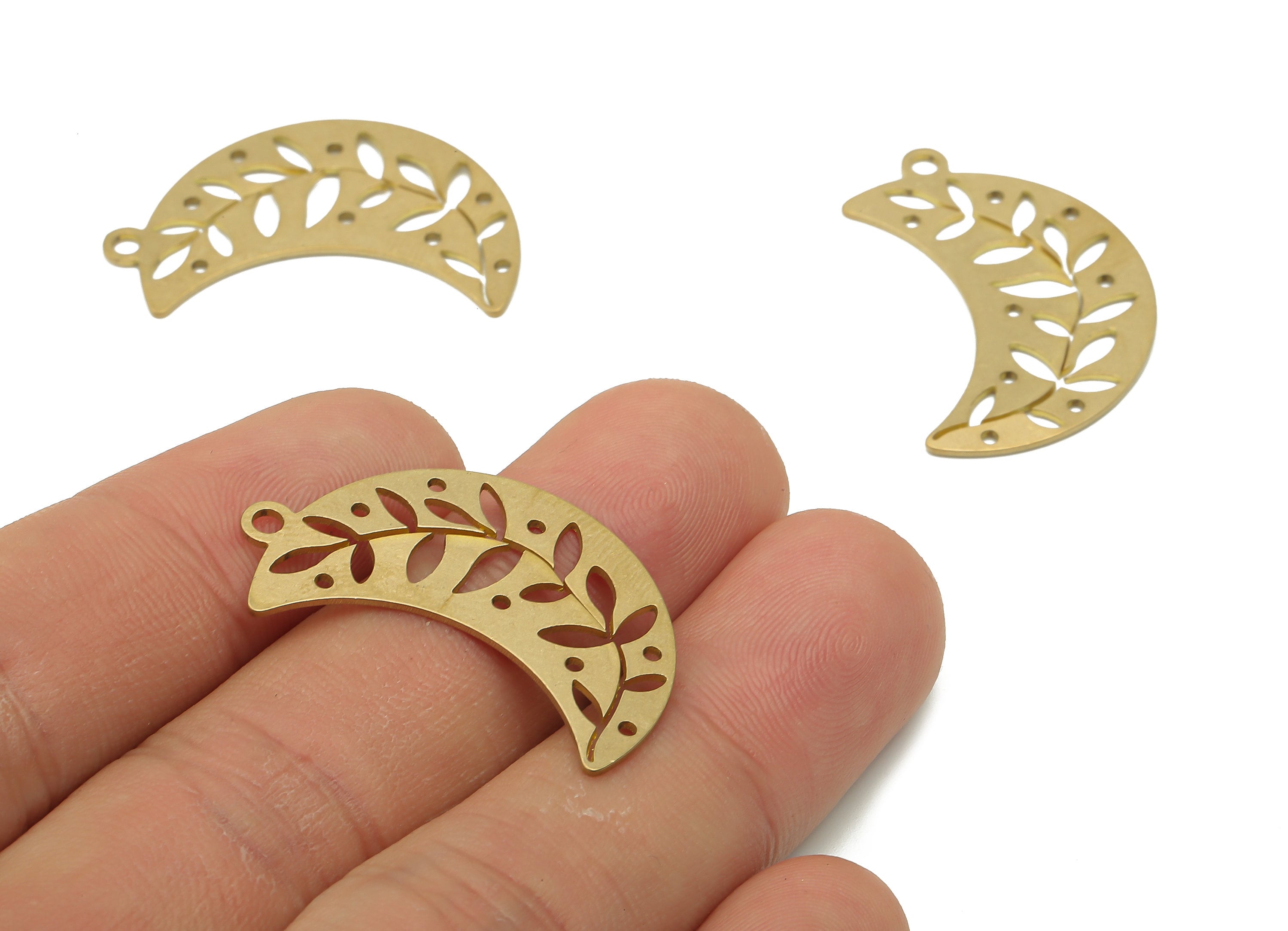 Brass Crescent Earring Charm - Raw Brass Branch Pendant - Brass Moon Necklace - Leaves Pendant - 31.97x20.4x0.67mm - PPA4059 - DOMEDBAZAAR