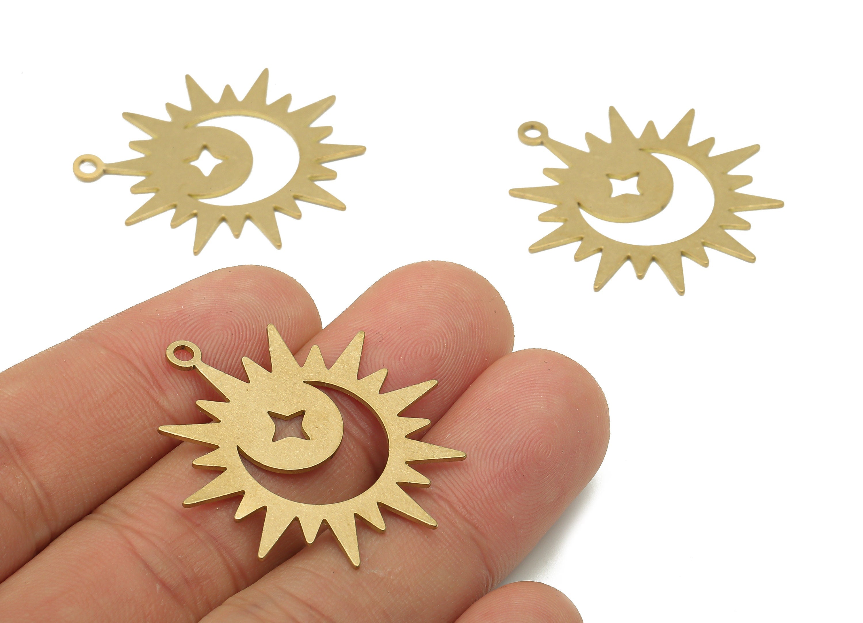 Brass Crescent Moon Earring Charm - Raw Brass Sun Pendant - Brass Star Pendant - Raw Brass Sun Pendant - 35.6x 31.16x 0.68mm- PPA4056 - DOMEDBAZAAR