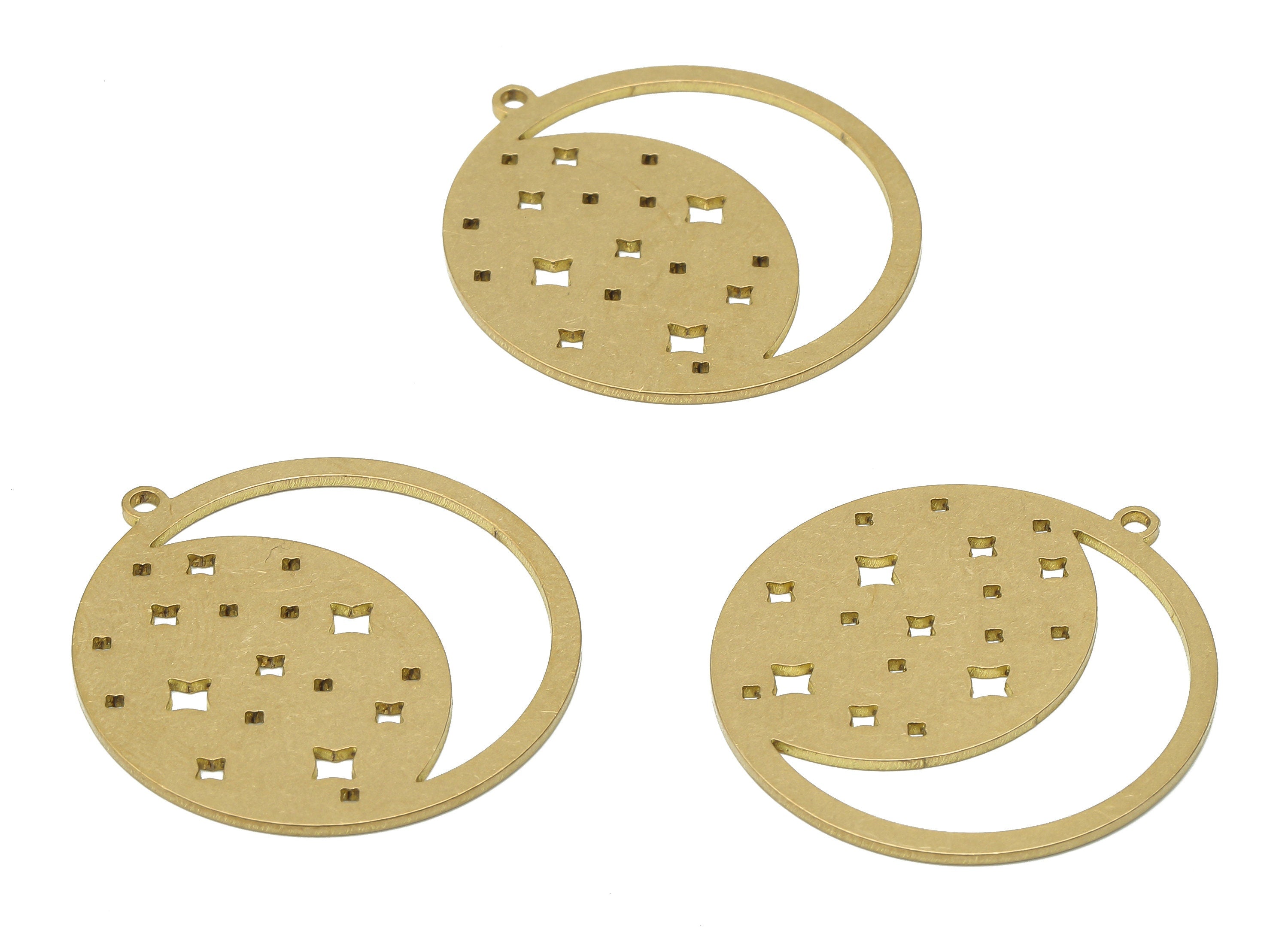 Brass Crescent Moon Earring Charm - Raw Brass Moon Star Pendant - Brass Stars Pendant - Brass Round Pendant - 31.75x29.43x0.9mm - PPA4061 - DOMEDBAZAAR