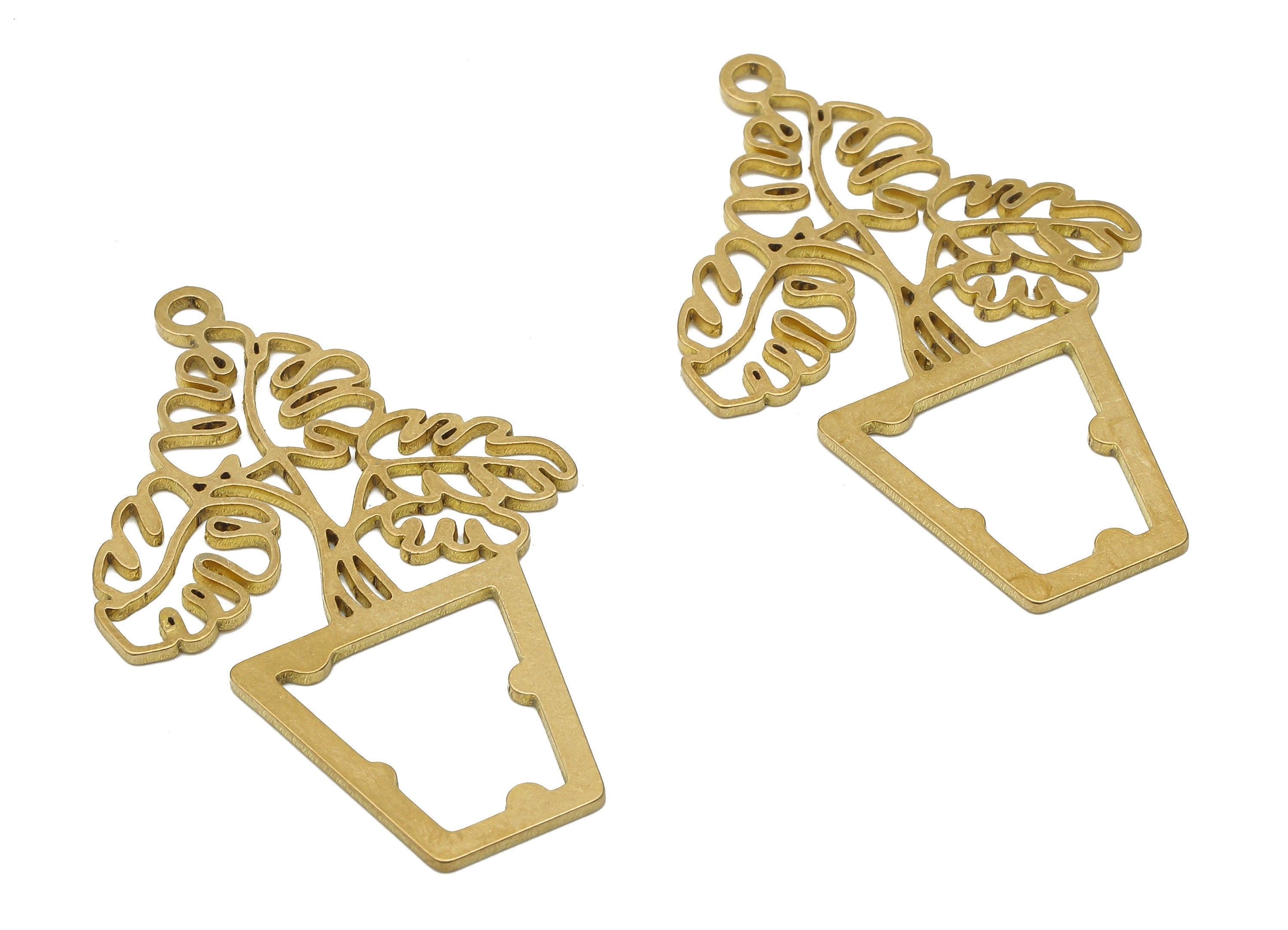 Brass Monstera Earring Pendant -Raw Brass Flower Pot Pendant - Raw Brass Leaves Pendant - 41.81x26.93x0.9mm - PPA4147 - DOMEDBAZAAR