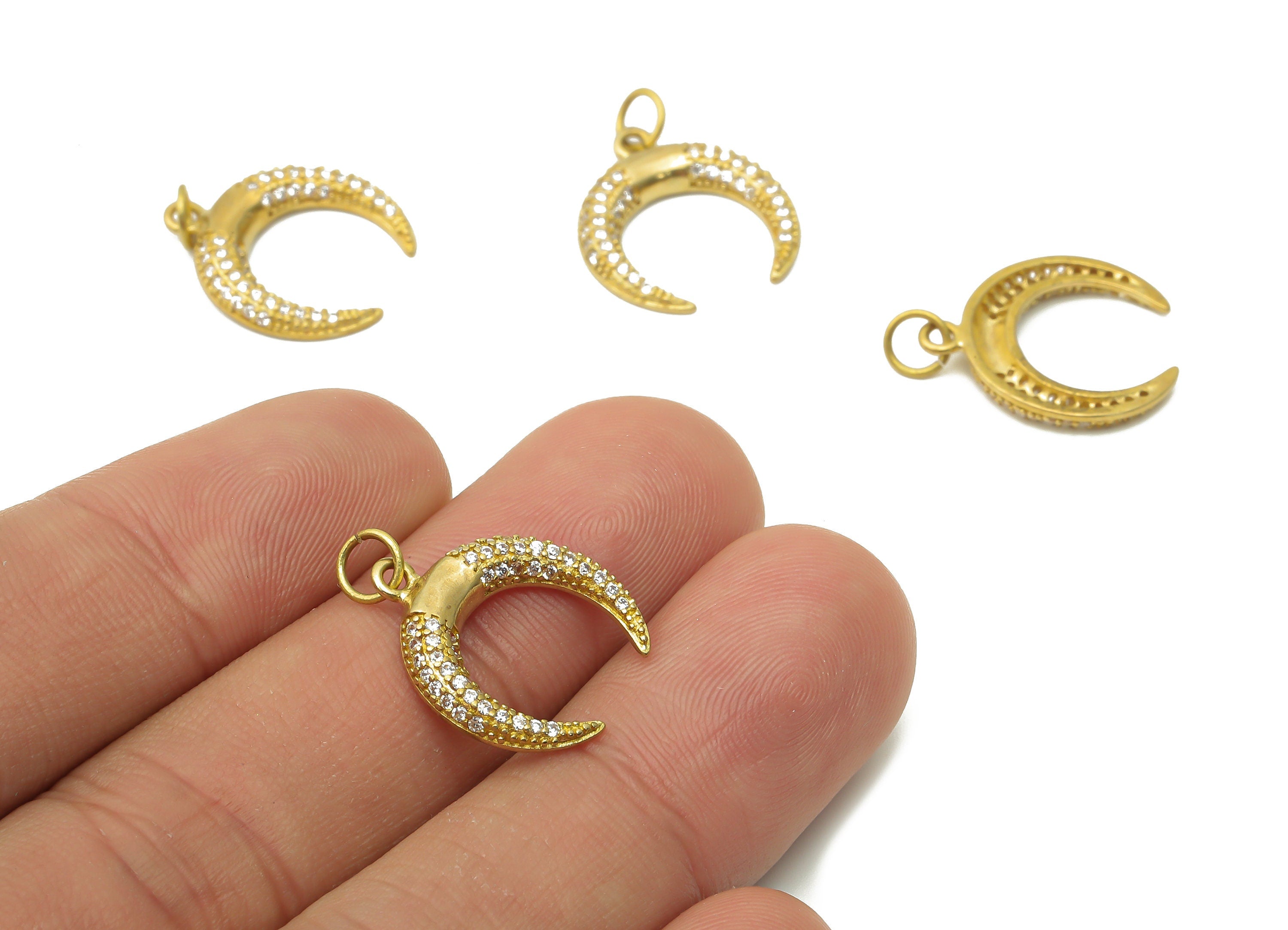 Brass Crescent Earring Charms - Raw Brass Moon Pendant with Zircon - Brass Moon Pendant - Raw Brass Charm - 20.95x16.14x2.48mm - PP7629 - DOMEDBAZAAR
