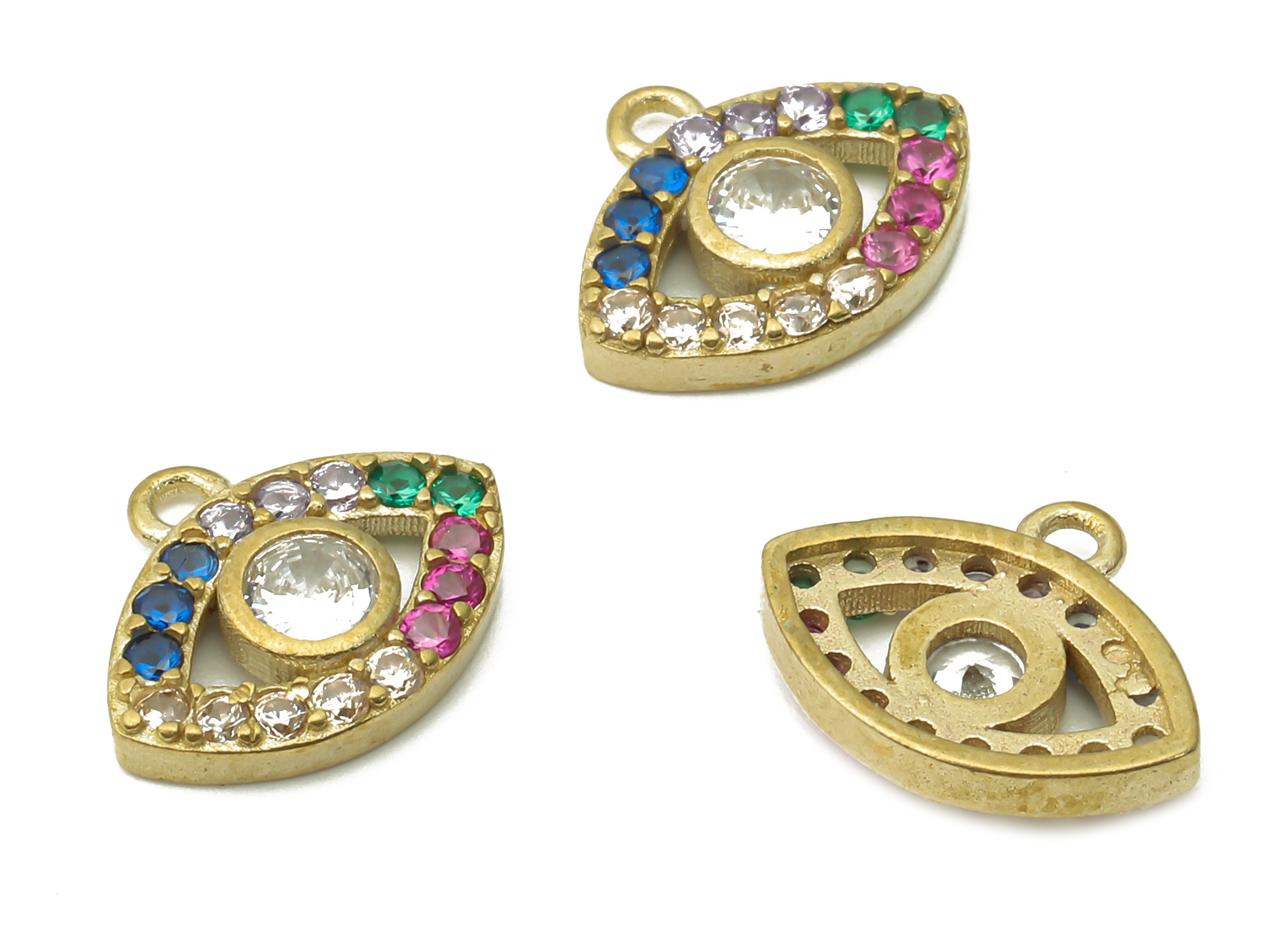 Brass Eyelash Earring Charms - Raw Brass Eye Pendant with Zircon - Brass Rainbow Earrings - Brass braceler charm - 10.04x12.4x1.9mm - PP7630 - DOMEDBAZAAR