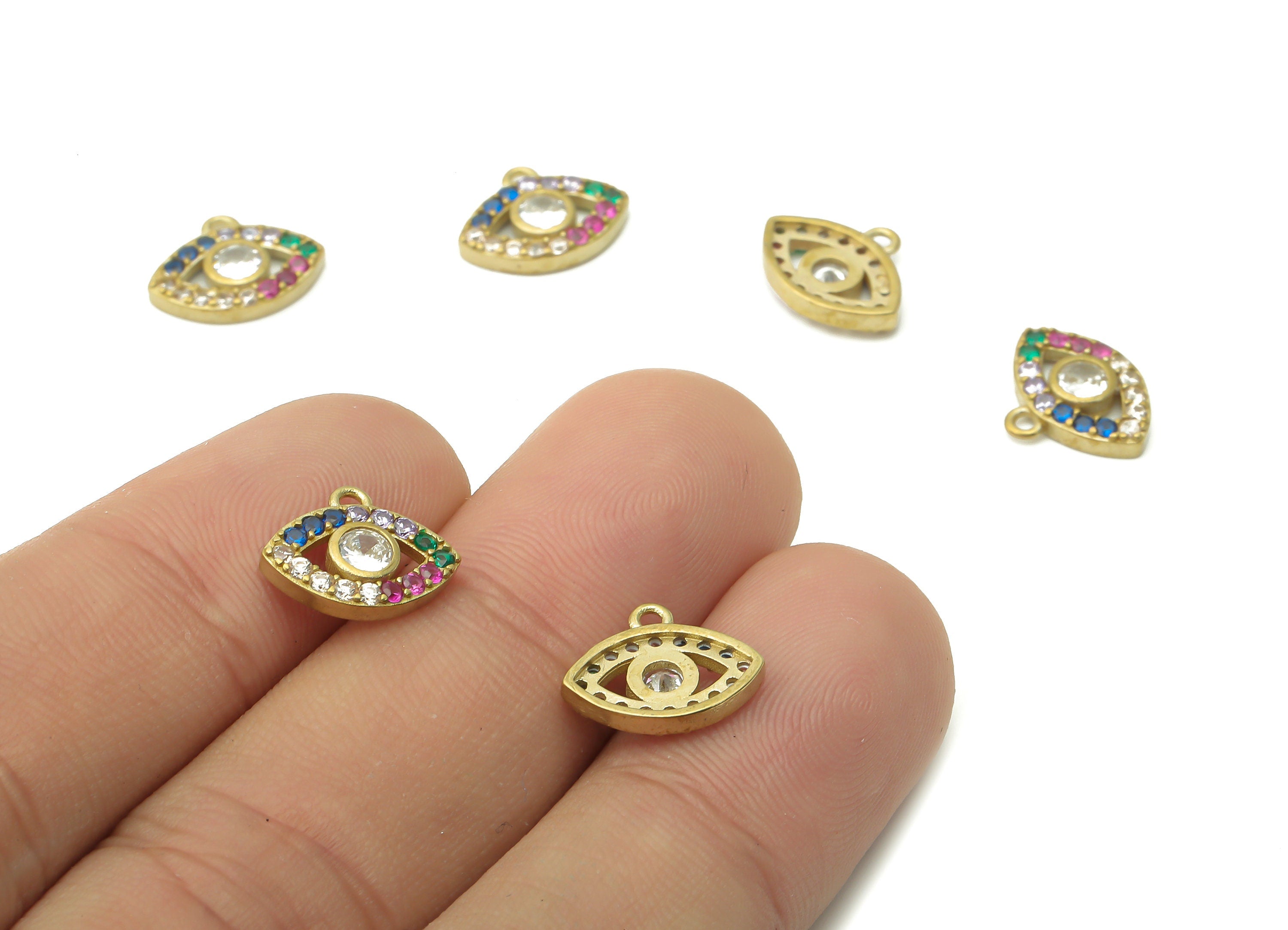 Brass Eyelash Earring Charms - Raw Brass Eye Pendant with Zircon - Brass Rainbow Earrings - Brass braceler charm - 10.04x12.4x1.9mm - PP7630 - DOMEDBAZAAR