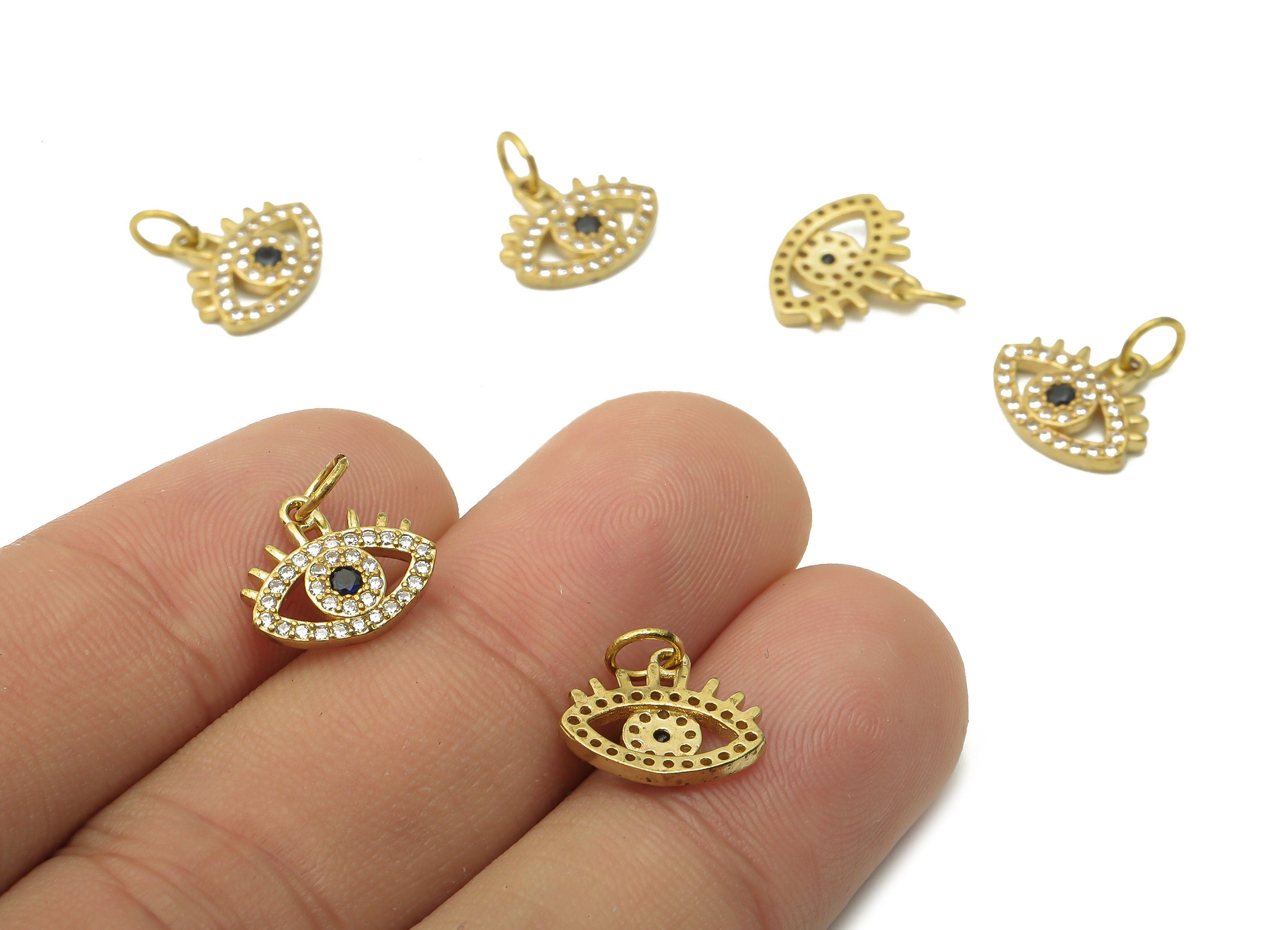 Brass Eyelash Earring Charms - Raw Brass Eye Pendant with Black Zircon - Brass Round Eye Earrings - 13.66 x 12.11 x 1.56mm - PP7631 - DOMEDBAZAAR
