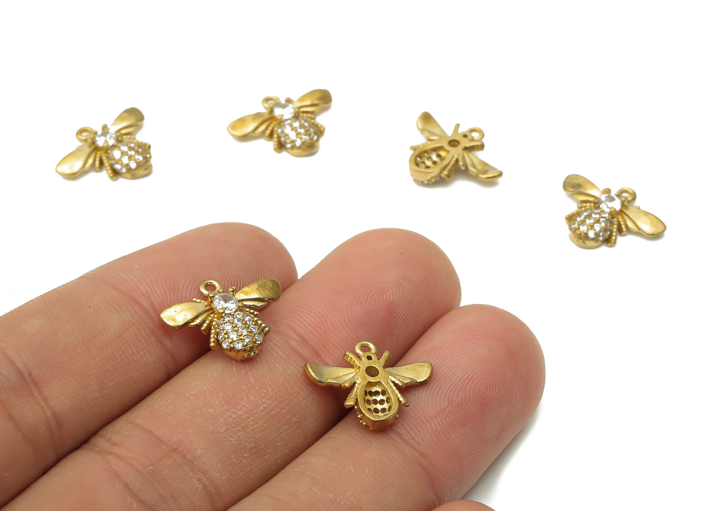 Brass Bee Earring Charms - Raw Brass Bee Pendant with Zircon - Raw Brass Wings Earring - Raw Brass Bee Charm - 15.84x12.74x3.2mm - PP7634 - DOMEDBAZAAR