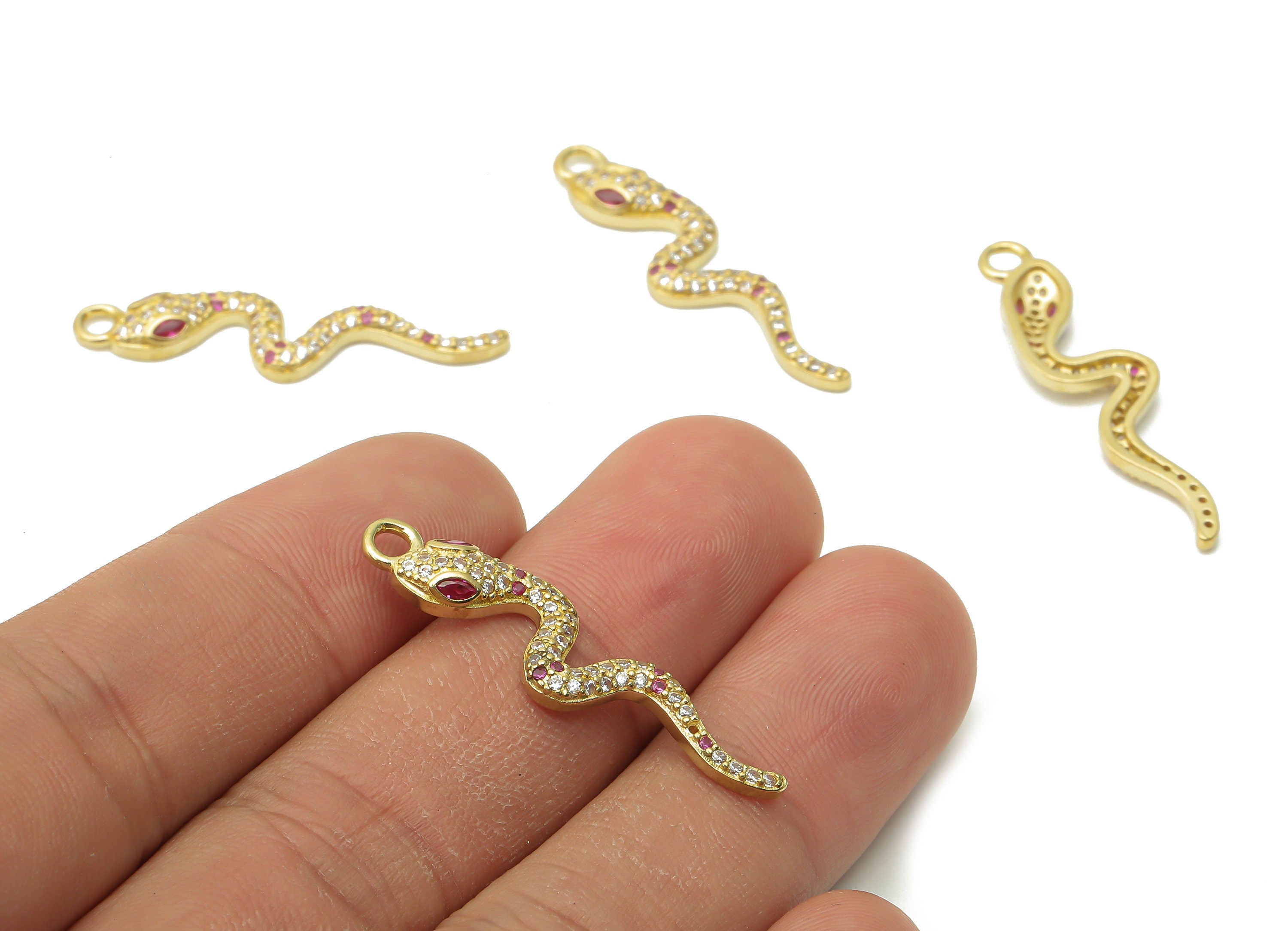 Brass Snake Charms - Raw Brass Snake Necklace with Zircons - Brass Snake Pendant With Pink Zircon - Earring Charm - 34.9x8.35x3.2mm - PP7660 - DOMEDBAZAAR