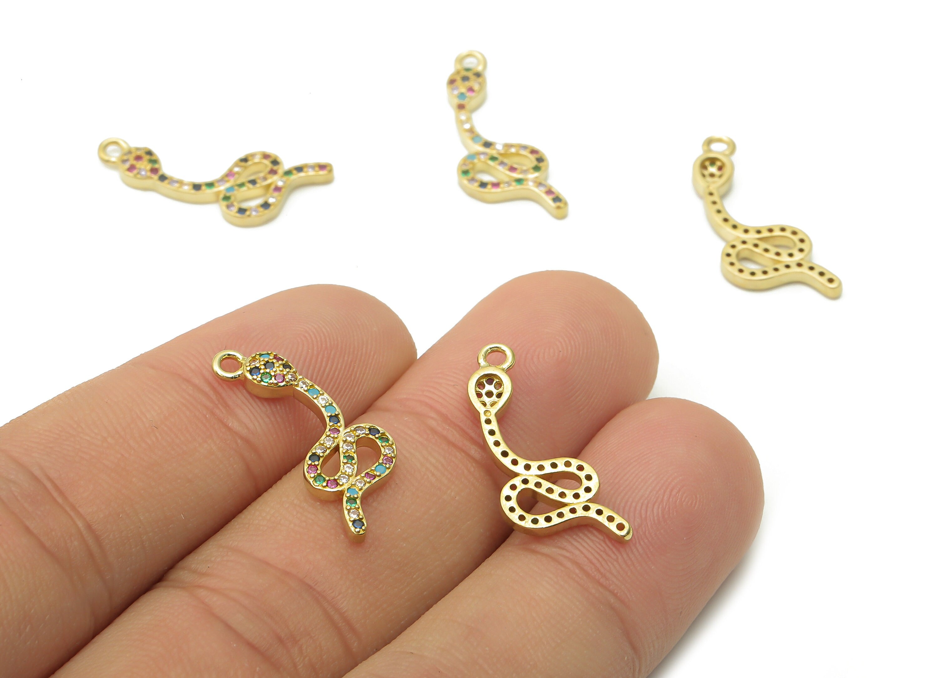 Brass Snake Earring Charm - Raw Brass Rainbow Snake Pendant with Zircons - Brass Snake Necklace - Snake Earring - 22.19x8.82x2.36mm - PP7662 - DOMEDBAZAAR