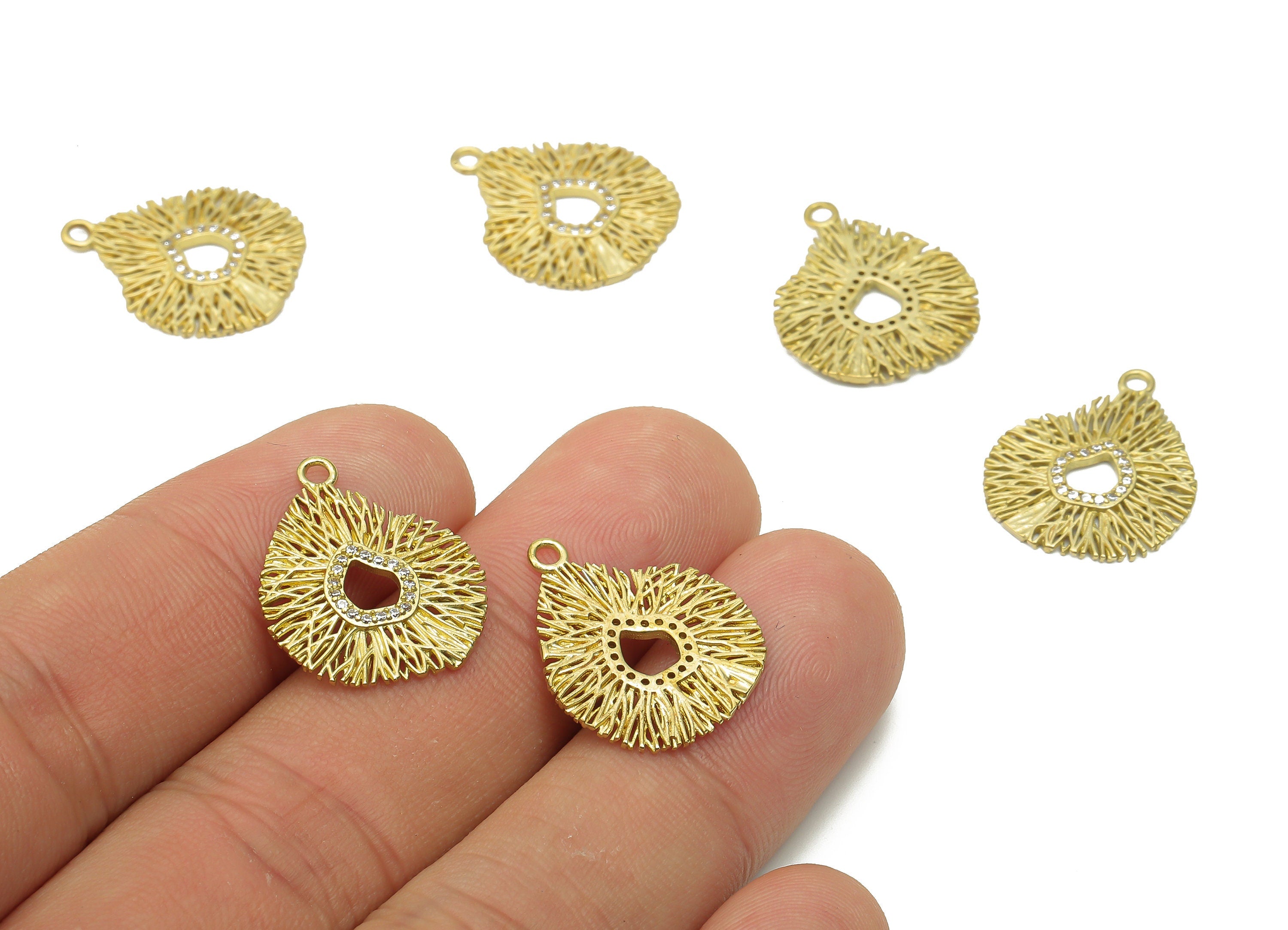 Brass Coral Earring Charm With Zircon - Raw Brass Irregular Wires Charms - Brass Round Pendant - 20.22x16.6x1.02mm - PP7746 - DOMEDBAZAAR