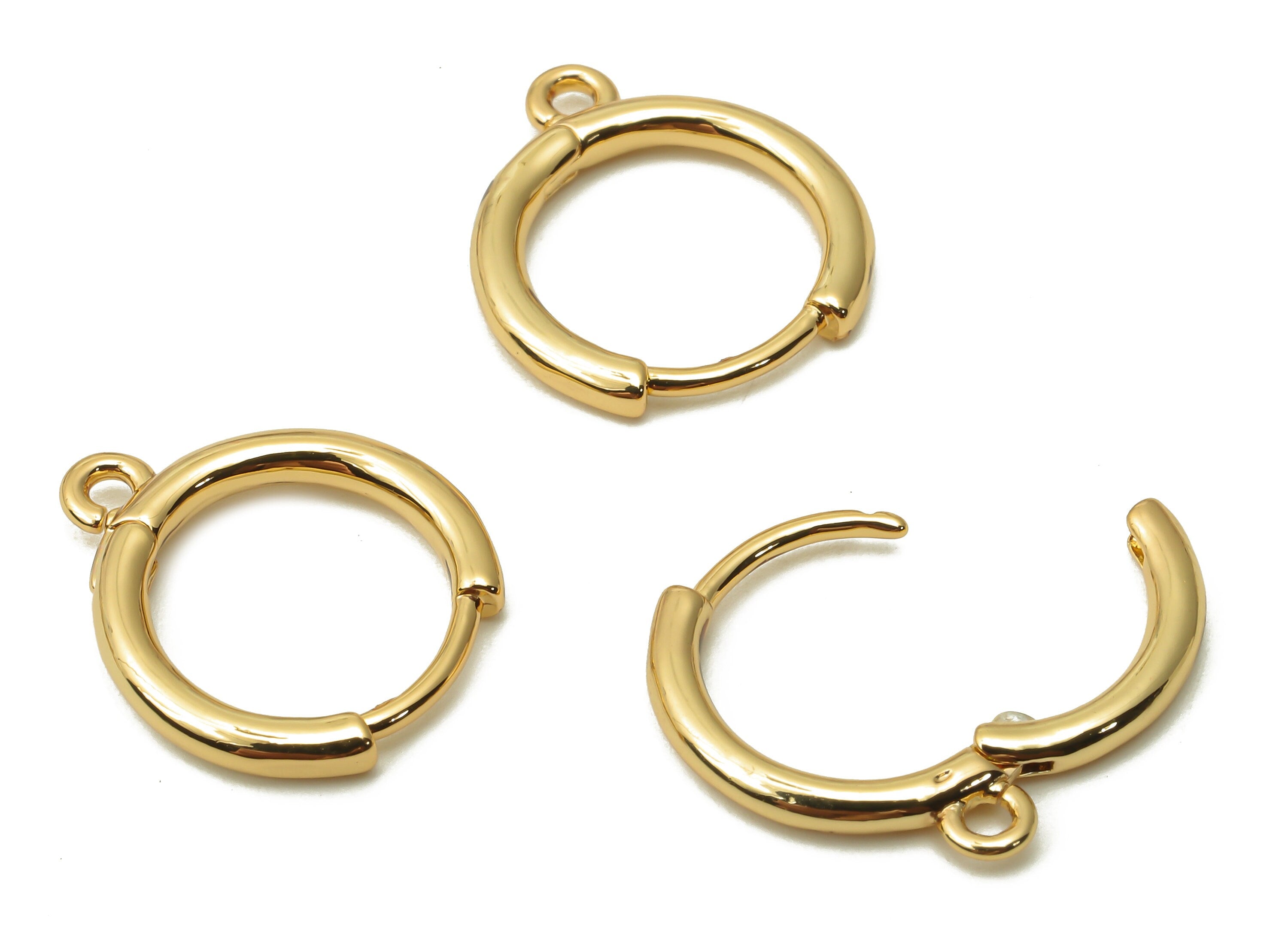 Brass Round Earrings Clasps - Brass Huggie Hoop Earrings - Brass Hoop Clasps With Loop - Real Gold Tone Plated - 15.53x13.9x1.8mm - RGP4737 - DOMEDBAZAAR