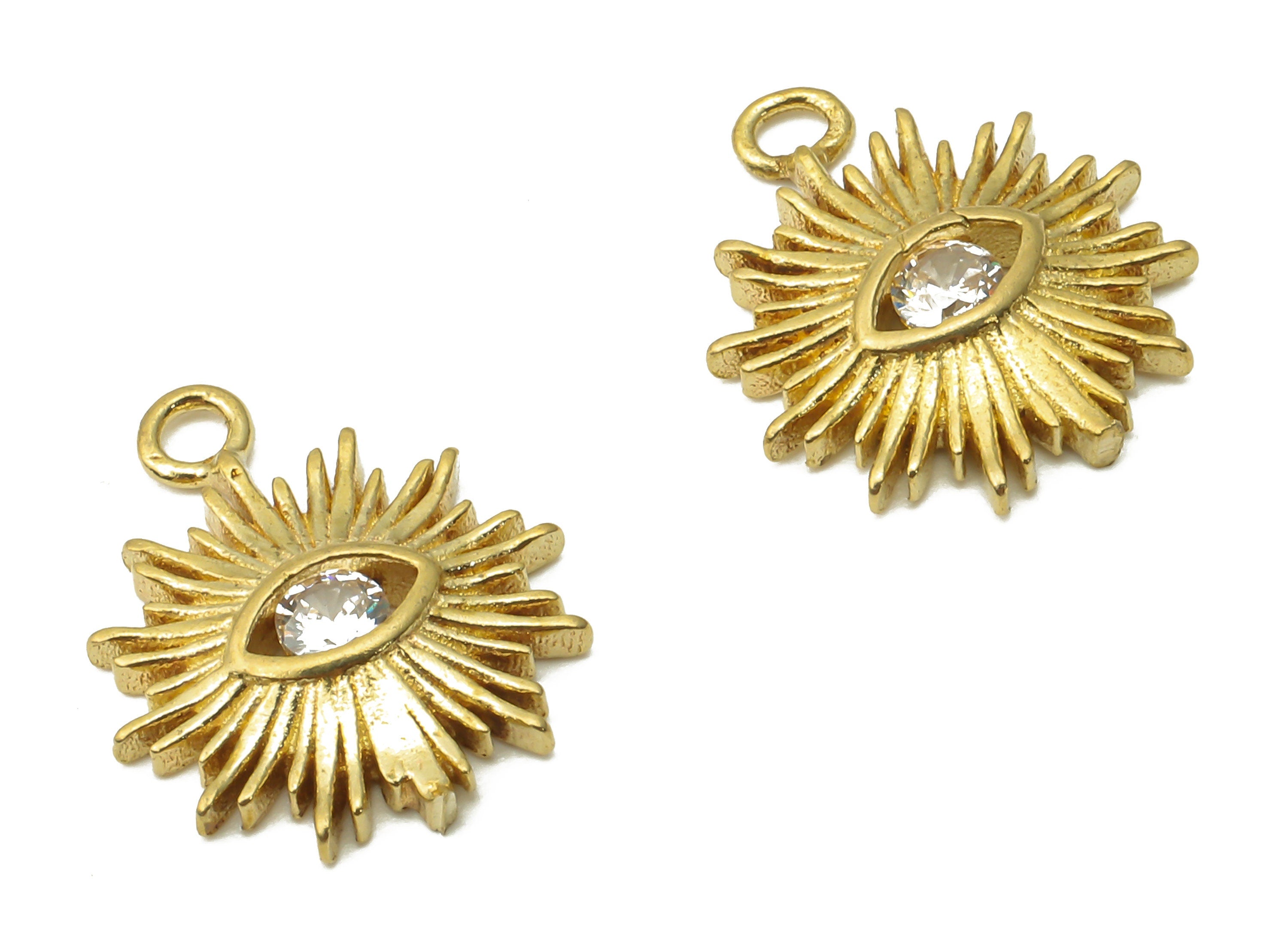 Brass Sun Eye Charms - Raw Brass Round Sun Eye Pendant With Zircon - Sun Eye Earring - Mini Charm For Braceler - 14.33x12.06x2.24mm - PP7682 - DOMEDBAZAAR