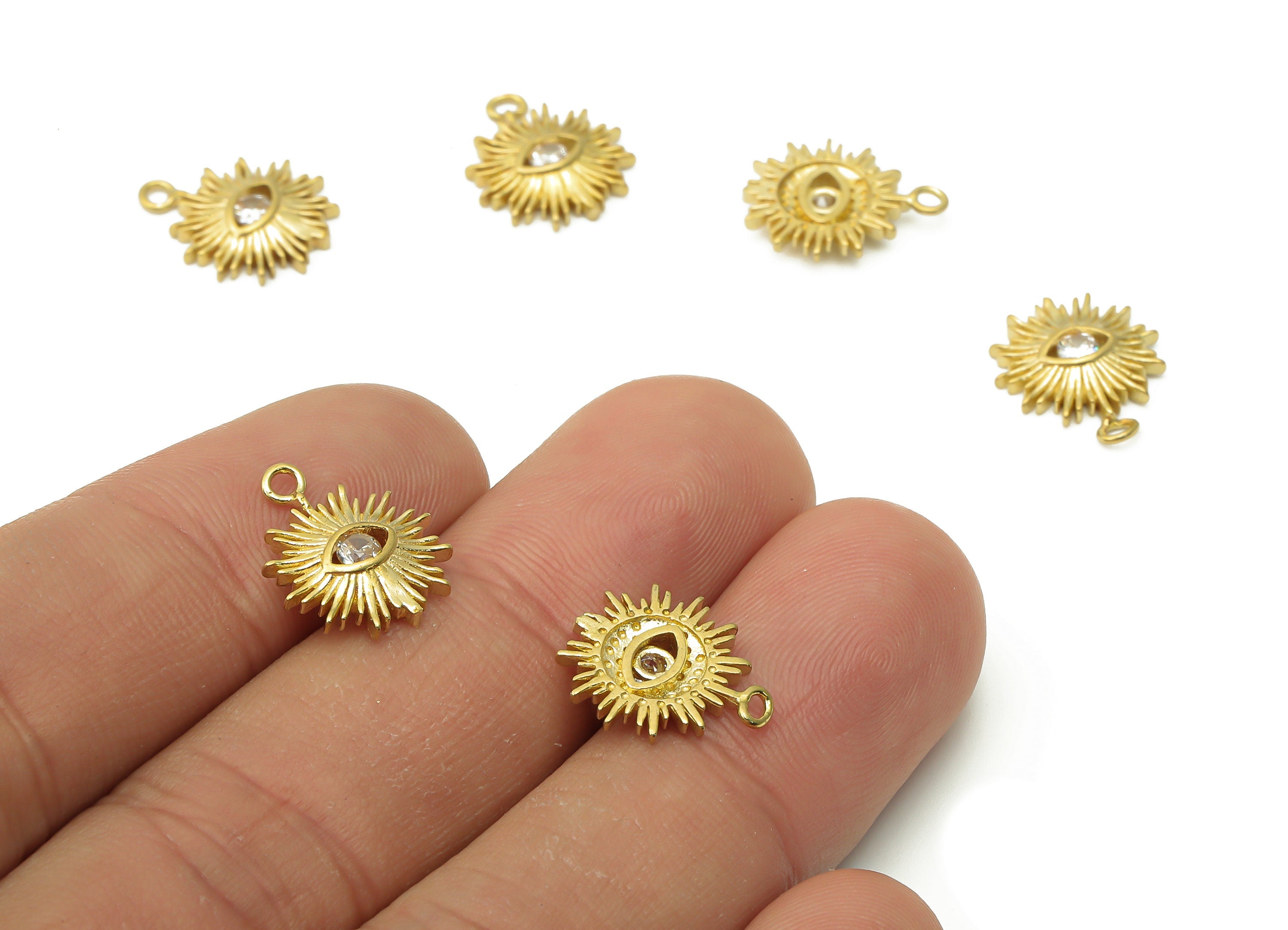 Brass Sun Eye Charms - Raw Brass Round Sun Eye Pendant With Zircon - Sun Eye Earring - Mini Charm For Braceler - 14.33x12.06x2.24mm - PP7682 - DOMEDBAZAAR