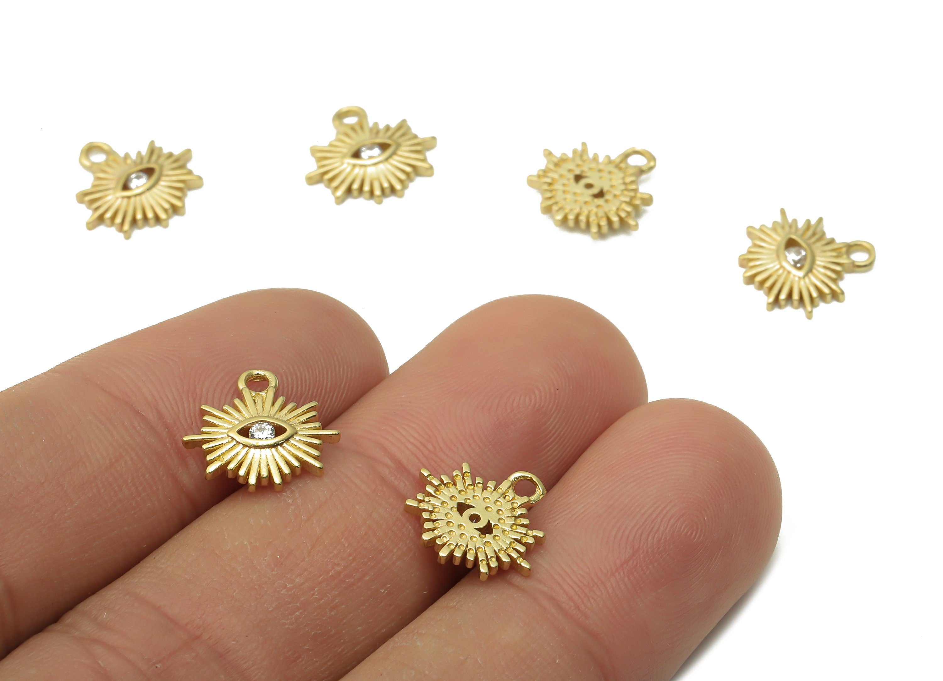 Brass Sun Eye Charms - Raw Brass Mini Sun Eye Earring With Zircon - Brass Sun Eye Pendant - Mini Sun For Bracelet - 12x11.4x1.8mm - PP7683 - DOMEDBAZAAR