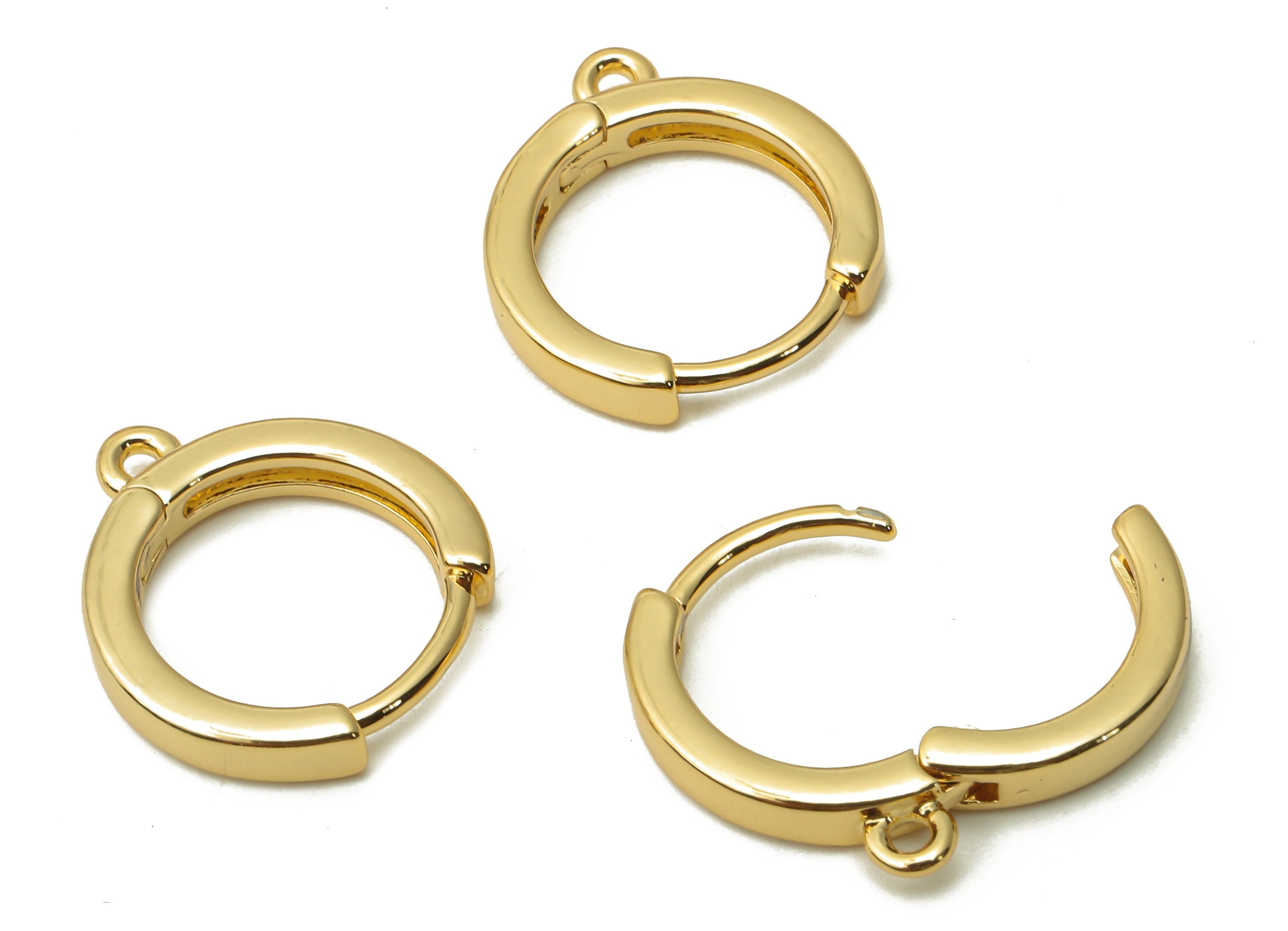 Brass Round Hoop Earrings With Loop - Brass Round Huggie Clasps - Brass Earrings - 18K Real Gold Tone Plated - 14.86x13.43x2.54mm - RGP4743 - DOMEDBAZAAR