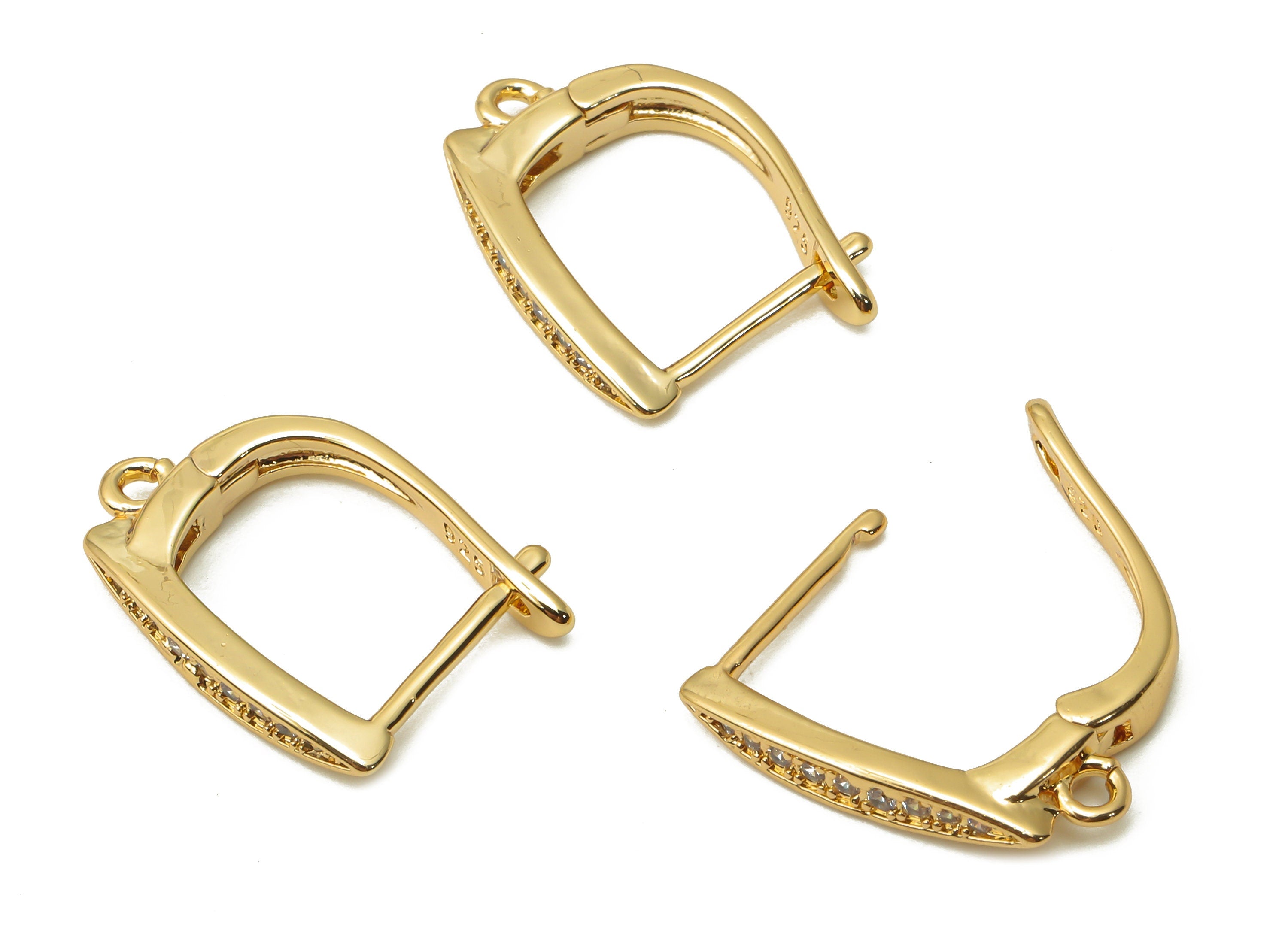 Brass Leverback Earrings Clasps - Earring with Zircon - Earring Hoop With loop - 18K Real Gold Tone Plated - 15.8x12.5x1.7mm - RGP4756 - DOMEDBAZAAR