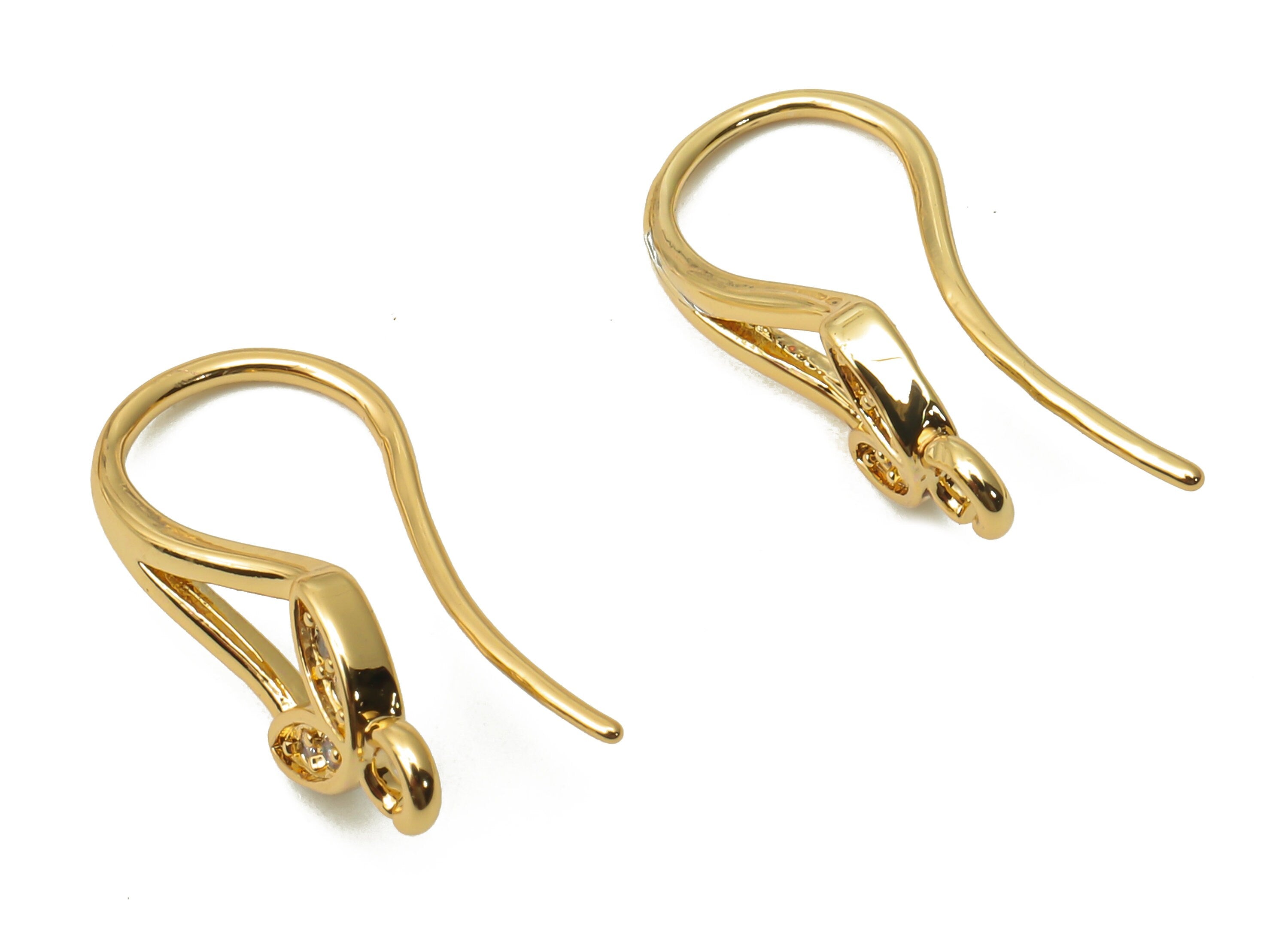 Brass Ear Wires with Leaf Adornment - Zircon Ear Wires - Gold Plated Hook Earrings - 18K Real Gold Tone Plated -19.22x8.97x0.94mm - RGP4762 - DOMEDBAZAAR