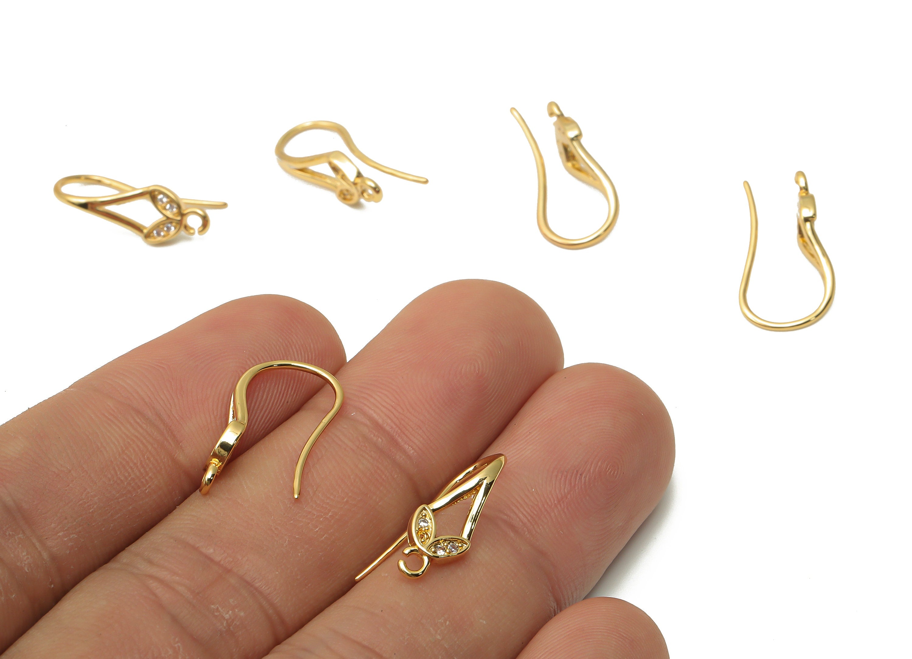 Brass Ear Wires with Leaf Adornment - Zircon Ear Wires - Gold Plated Hook Earrings - 18K Real Gold Tone Plated -19.22x8.97x0.94mm - RGP4762 - DOMEDBAZAAR