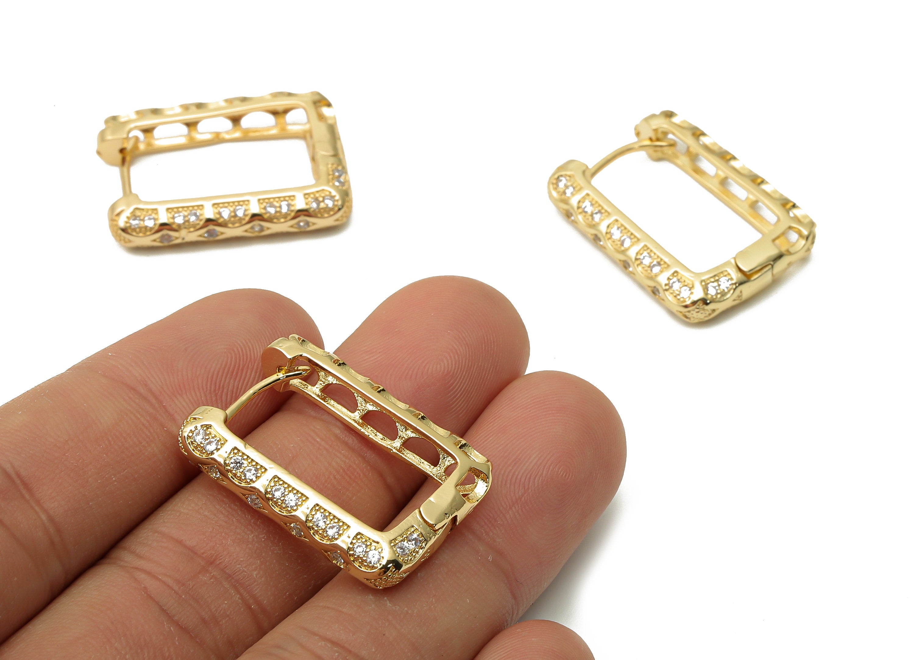 Brass Rectangle Earring with Zircon - Brass Textured Huggie Hoop Earrings - 18K Real Gold Plated Brass Hoops - 28.2x20.48x3.49mm - RGP4768 - DOMEDBAZAAR