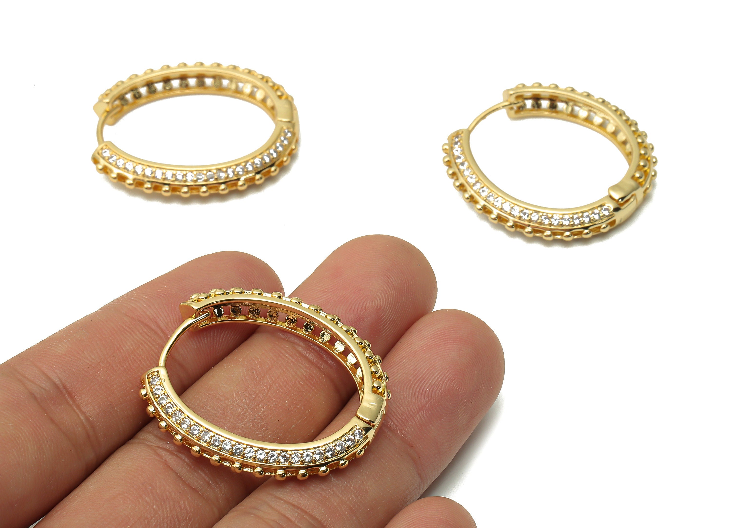 Brass Dot Textured Round Hoop Earring - Brass Circle Huggie Hoop with Zircon - 18K Real Gold Plated- 32.62X31.28X4.05mm- RGP4769 - DOMEDBAZAAR