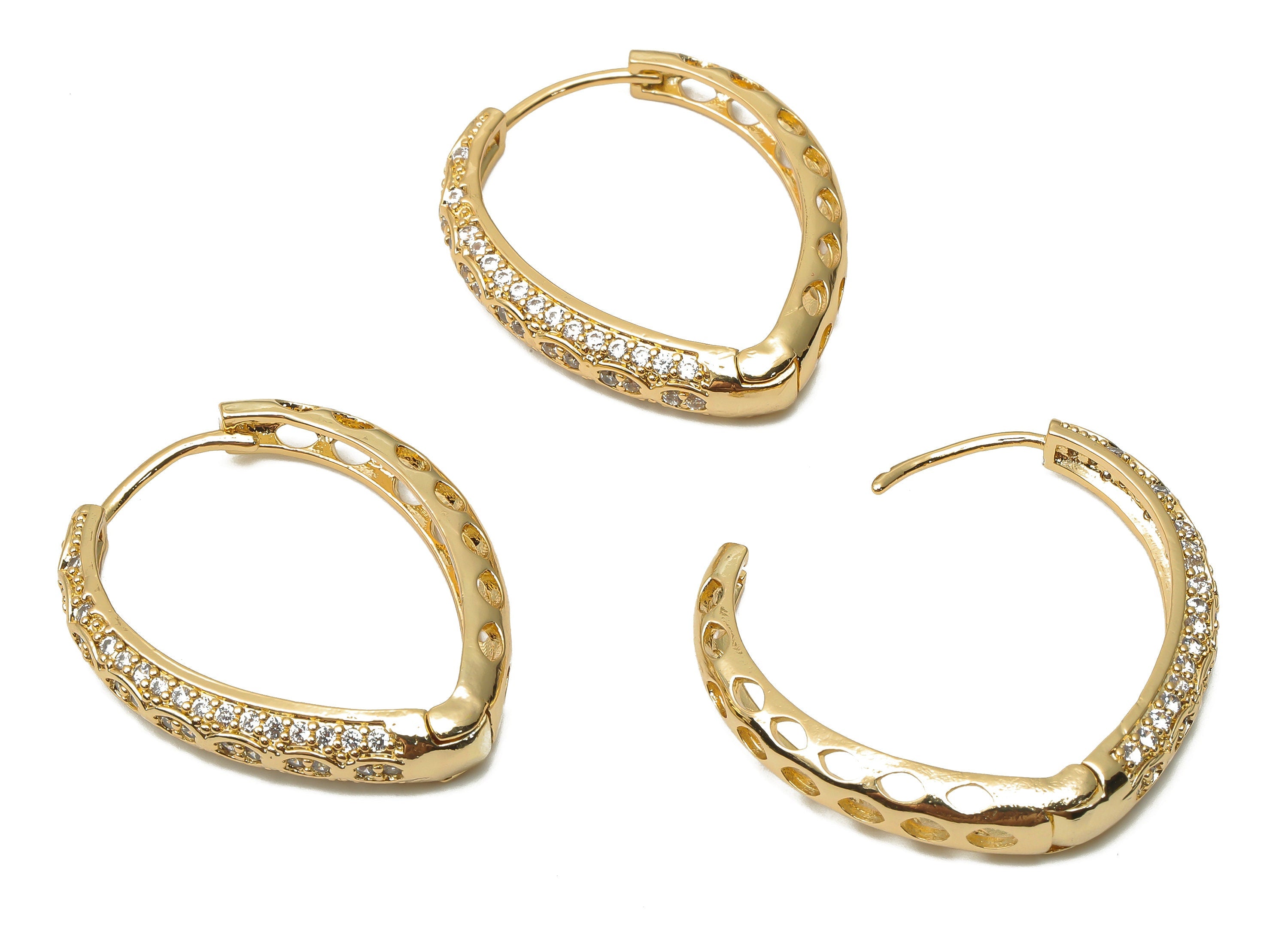 Brass Drop Huggie Hoops Earrings with Zircon - Brass Textured Drop Hoop - 18K Real Gold Plated - 33.37x26.85x4.52mm - RGP4772 - DOMEDBAZAAR