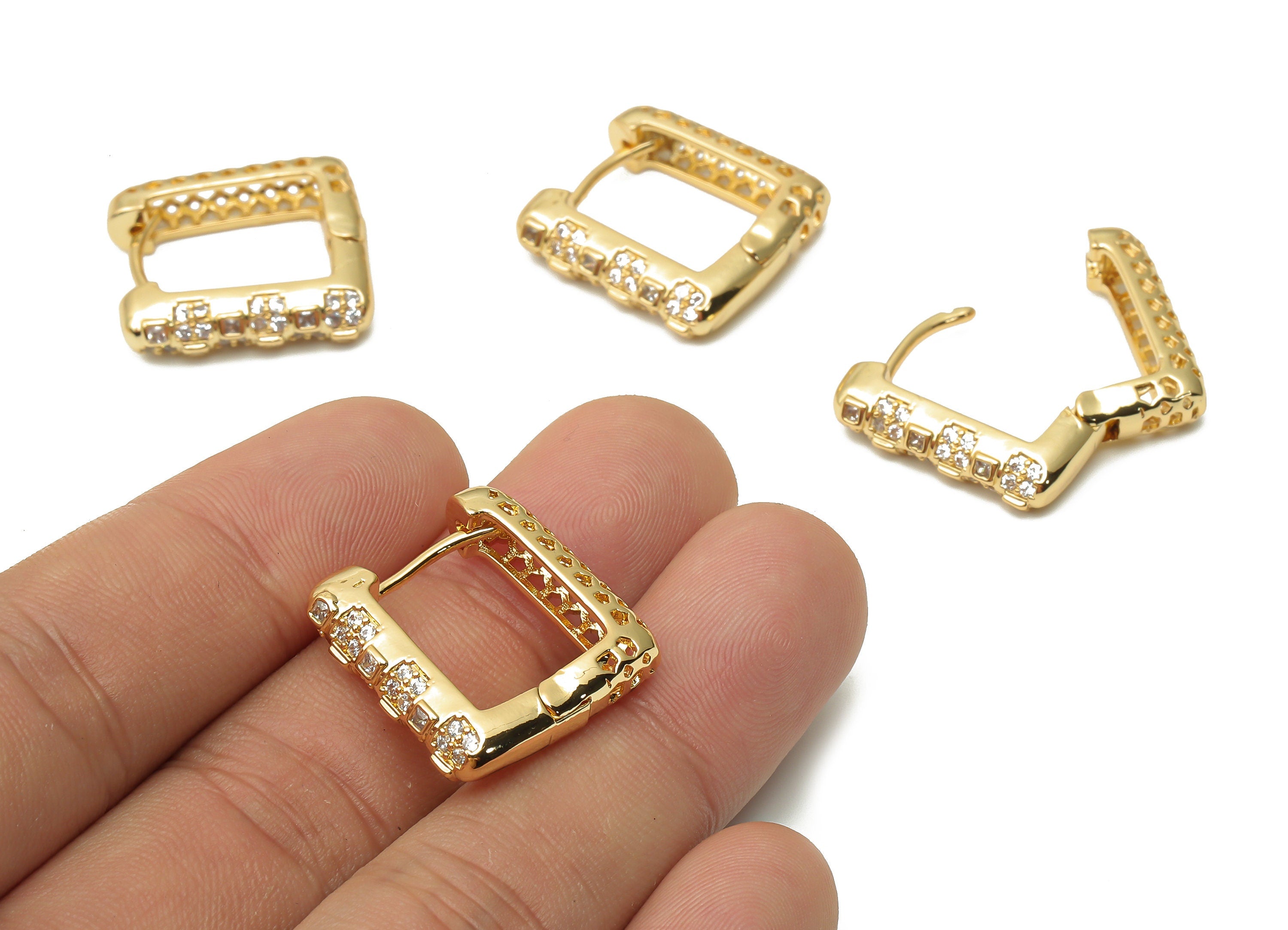 Brass Textured Square Hoop Earrings with Zircon -Brass Thick Huggie Hoop - 18K Real Gold Plated Brass Hoop - 22.5x20.88x5.3mm - RGP4779 - DOMEDBAZAAR