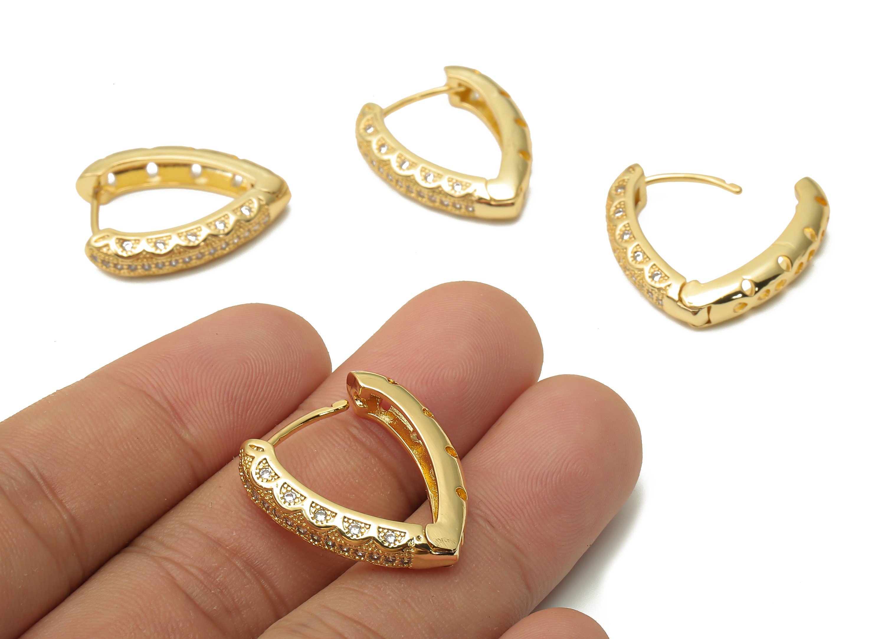 Brass Drop Huggie Hoop Earring with Zircon - Brass Textured Huggie Hoop -18K Real Gold Plated Thick Hoop - 25.53x19.23x3.62mm - RGP4781 - DOMEDBAZAAR