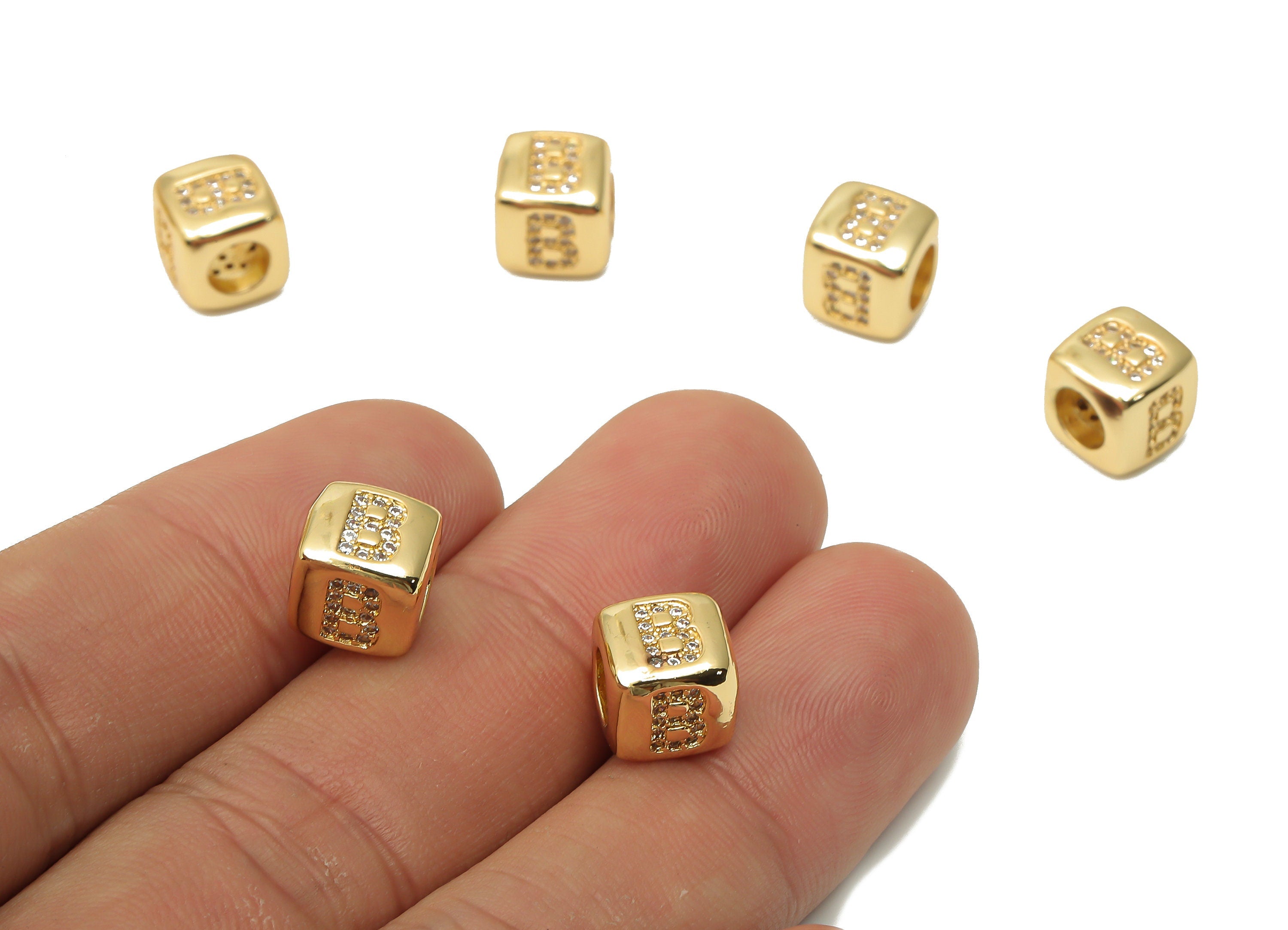 Alphabet Cube Bead With Zircon - Brass Initial Letter B Bead Bracelet- Bead Necklace - 18K Real Gold Plated - 8.63x8.63x8.46mm - RGP4782B - DOMEDBAZAAR