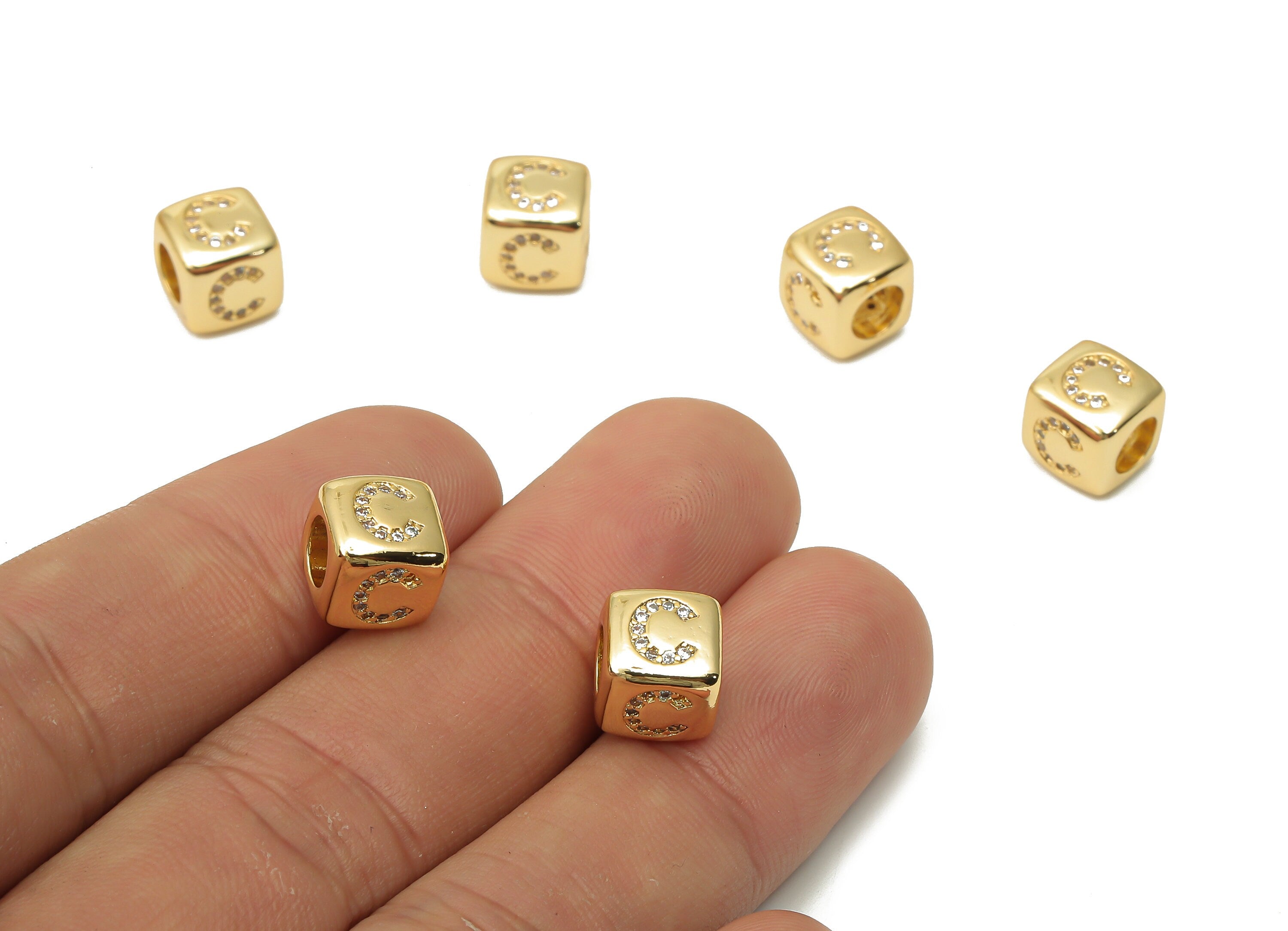 Alphabet Cube Bead C With Zircon - Brass Initial Letter Beads Bracelet- Beads Necklace - 18K Real Gold Plated - 8.63x8.63x8.46mm - RGP4782C - DOMEDBAZAAR