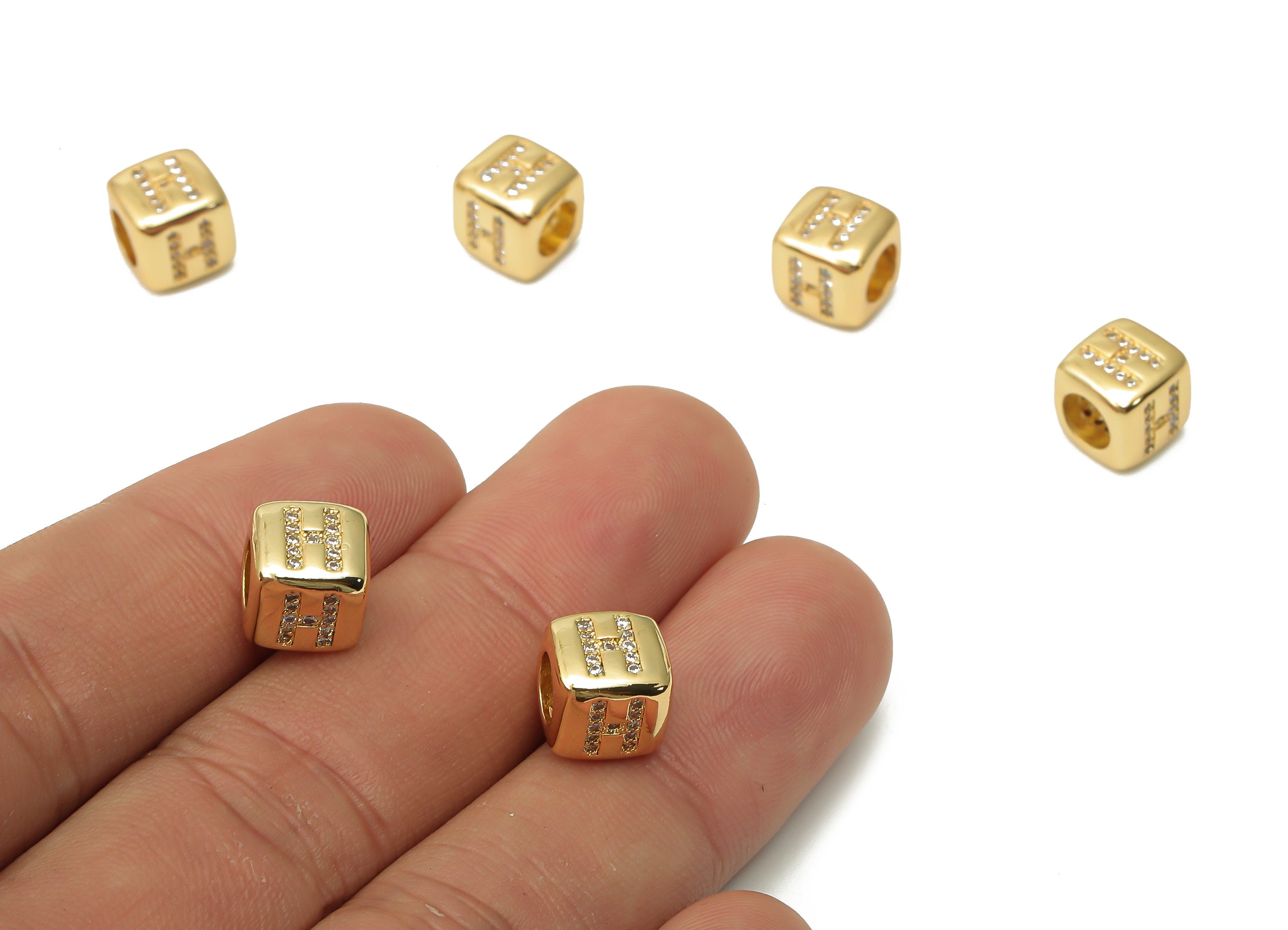 Alphabet Cube Letter Bead H With Zircon - Brass Initial H Bead Bracelet - Beads Necklace- 18K Real Gold Plated - 8.63x8.63x8.46mm - RGP4782H - DOMEDBAZAAR