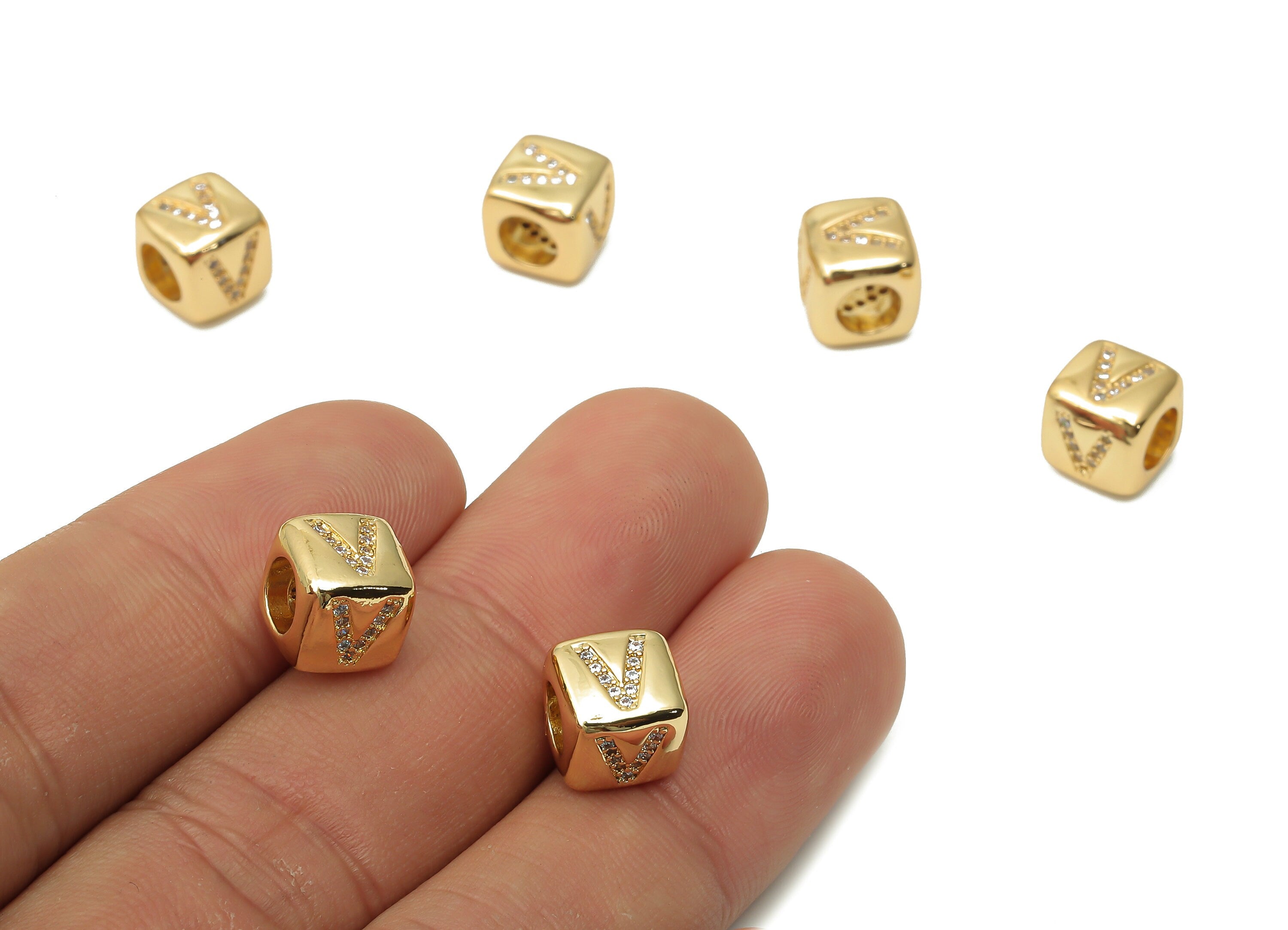 Alphabet Cube Bead V With Zircon- Brass Initial Letters V Beads Bracelet - Bead Necklace- 18K Real Gold Plated- 8.63x8.63x8.46mm - RGP4782V - DOMEDBAZAAR