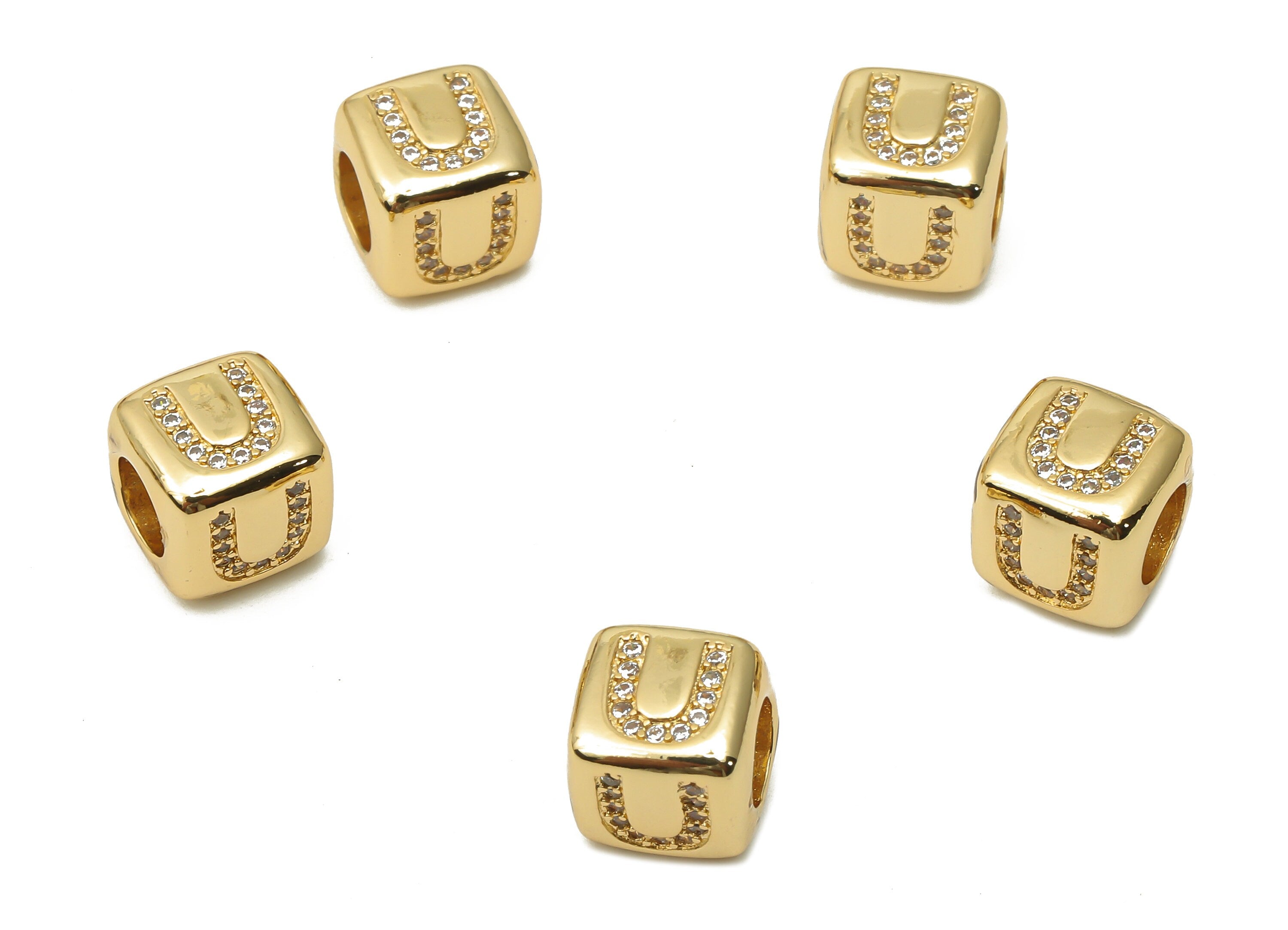 Alphabet Cube Bead U With Zircon- Brass Initial Letters U Beads Bracelet - Bead Necklace- 18K Real Gold Plated - 8.63x8.63x8.46mm - RGP4782U - DOMEDBAZAAR