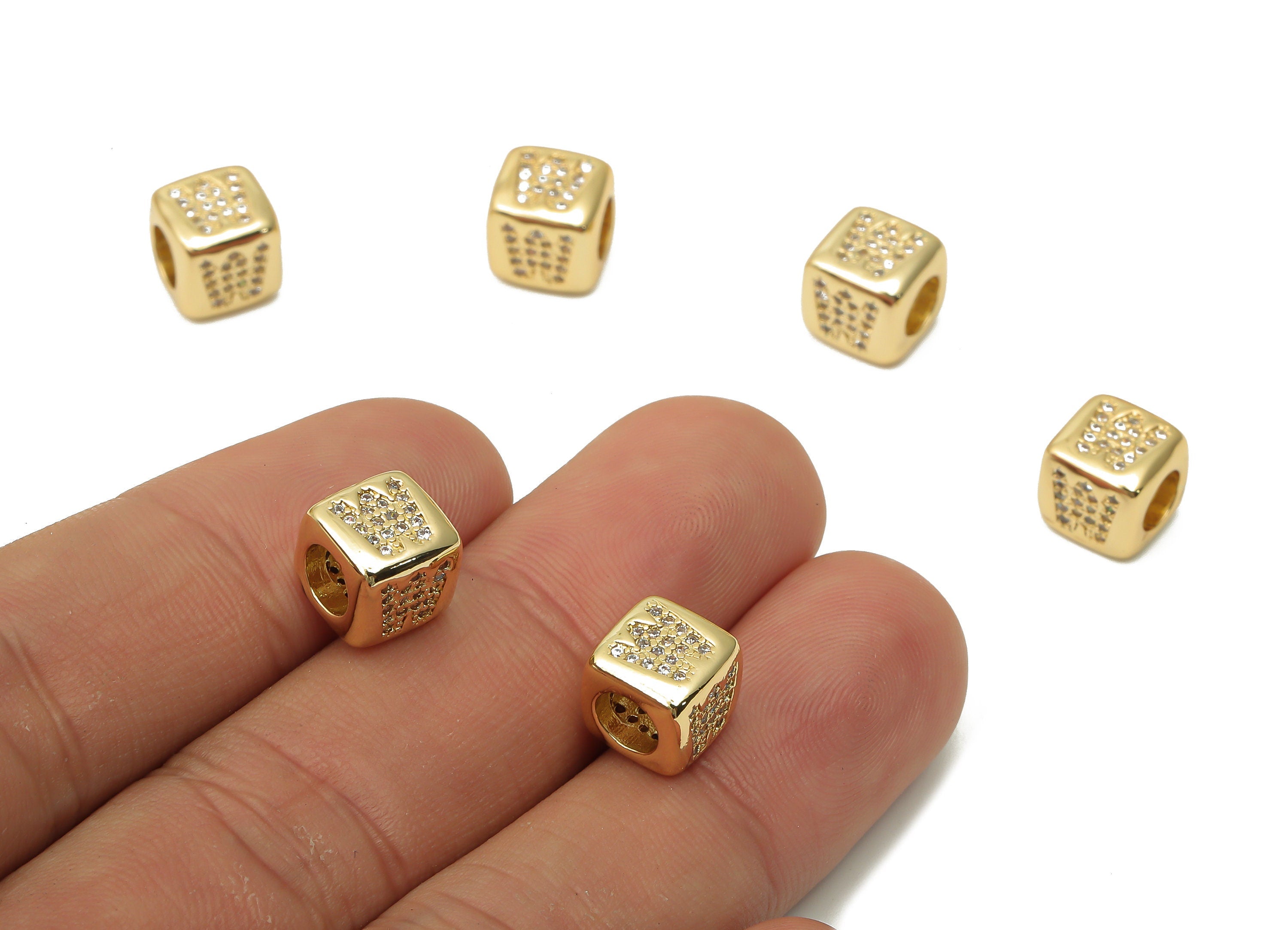 Alphabet Cube Bead W With Zircon- Brass Initial Letters W Beads Bracelet - Bead Necklace- 18K Real Gold Plated - 8.63x8.63x8.46mm - RGP4782W - DOMEDBAZAAR