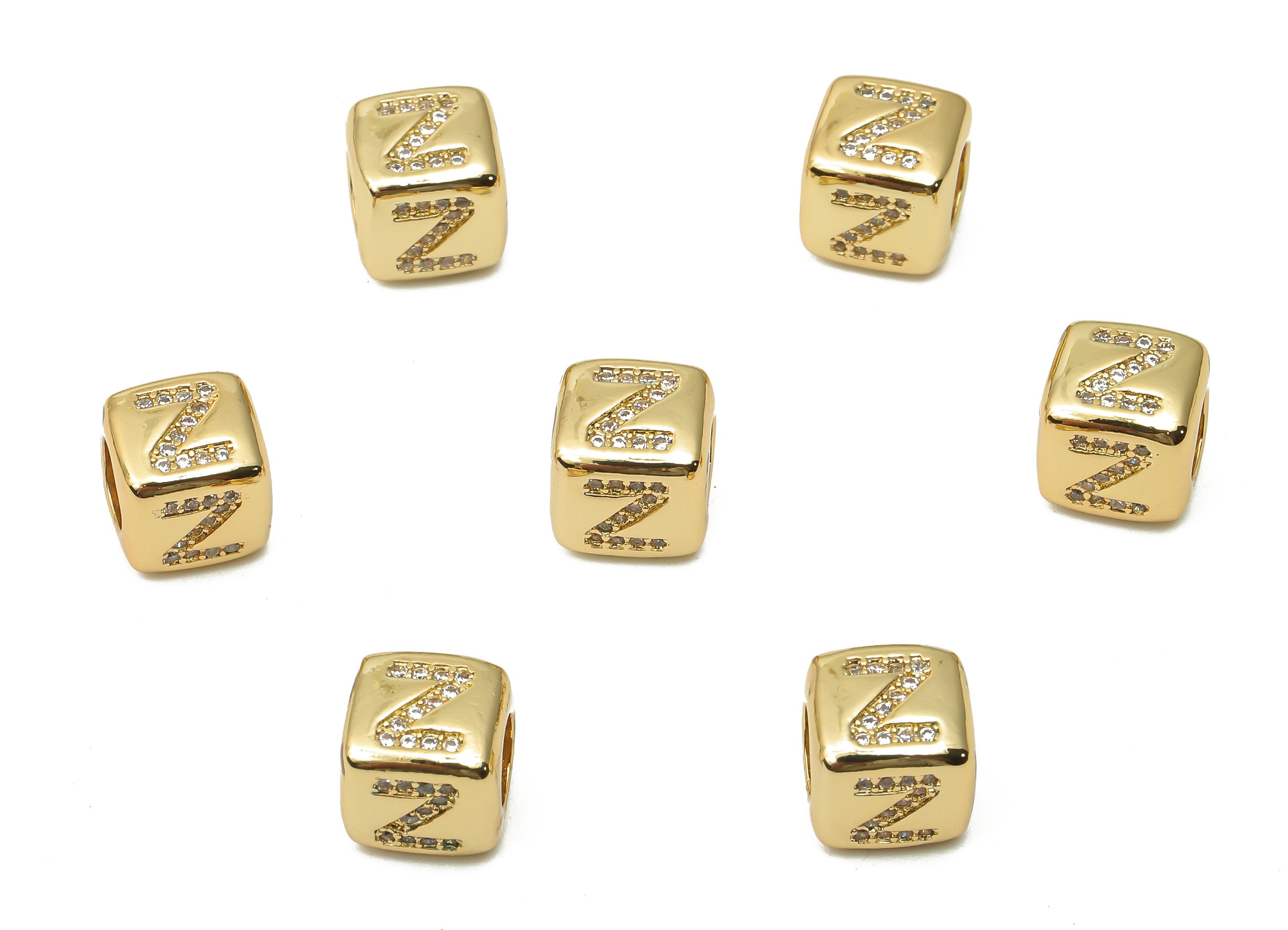 Alphabet Cube Bead Z With Zircon- Brass Initial Letters Z Beads Bracelet - Bead Necklace- 18K Real Gold Plated - 8.63x8.63x8.46mm - RGP4782Z - DOMEDBAZAAR