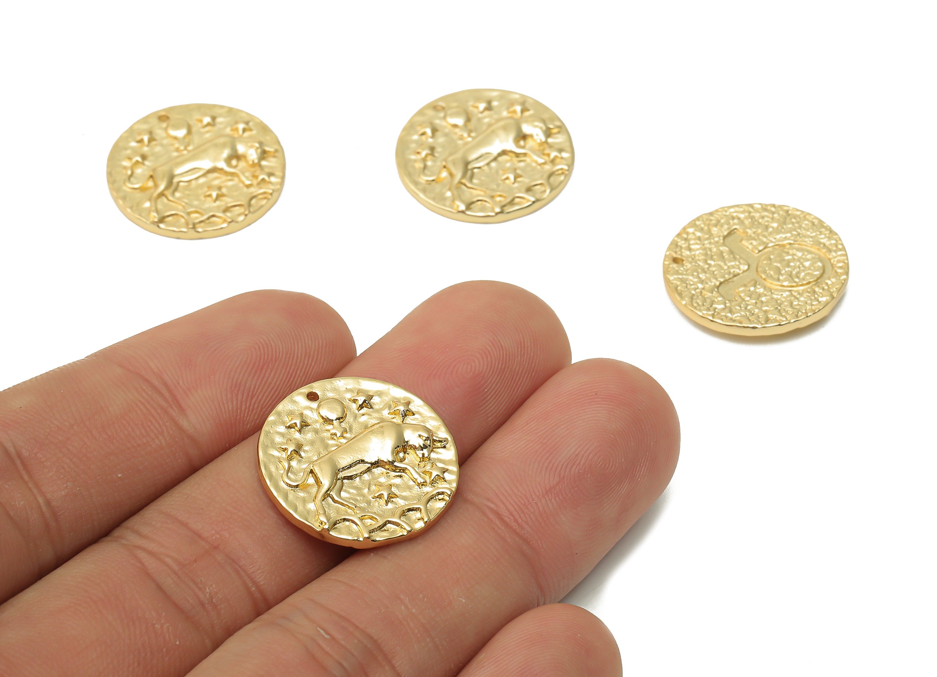 Taurus Round Earring Charm - Brass Zodiac Star Pendant - Brass Horoscopes Taurus Necklace - 18K Real Gold Plated - 19.4x19.4x2.65mm-RGP4783B - DOMEDBAZAAR