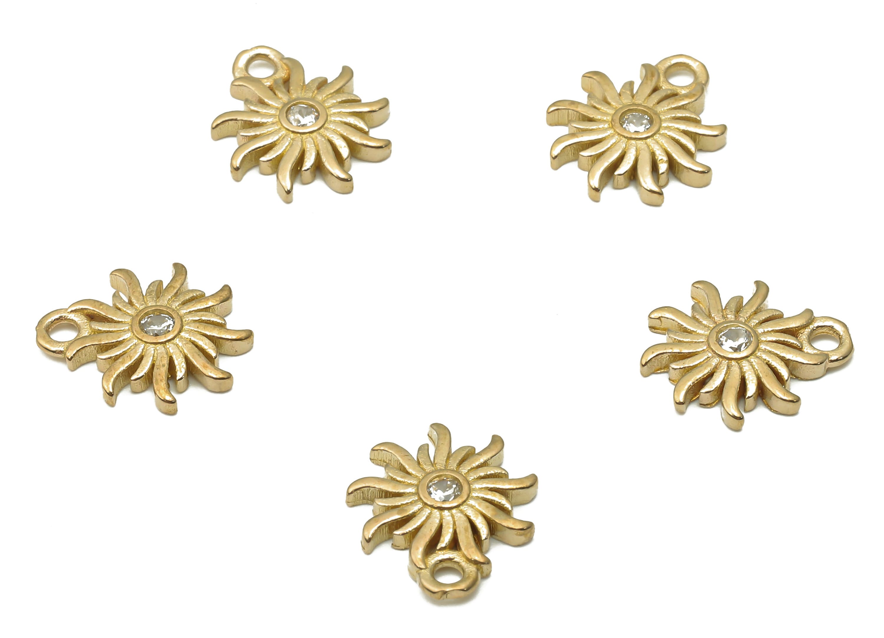 Brass Sun Earring Charms - Raw Brass Mini Sun Pendant With Zircon - Brass Earring - Brass Necklace - For Bracelet - 12.1x10.5x1.8mm - PP7692 - DOMEDBAZAAR