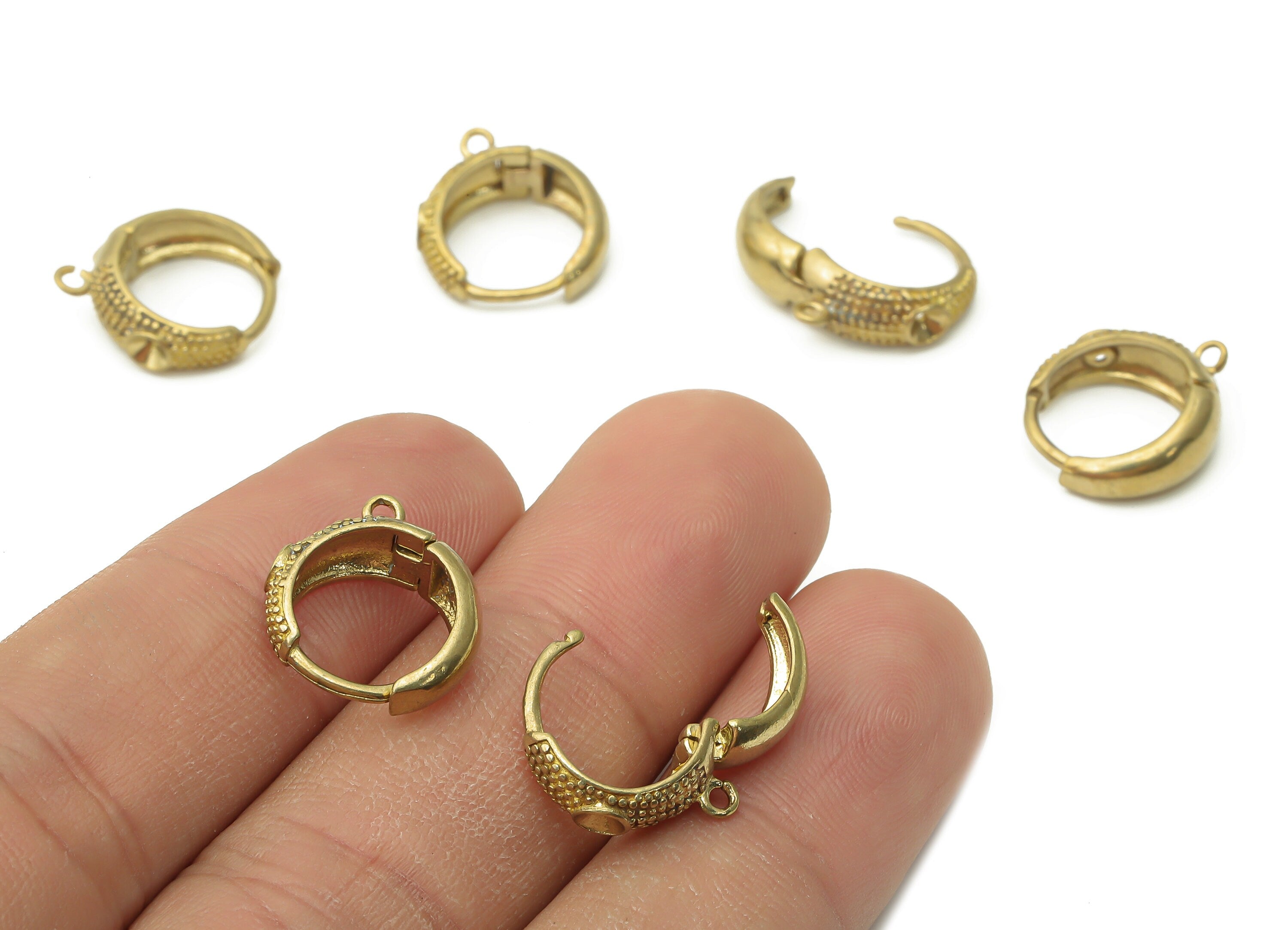 Brass Circle Earrings Clasps - Raw Brass Round Huggie Earring With Loop - Brass Round Thick Loop Dotted Clasps - 16.23x10.04x1.94mm - PP7694 - DOMEDBAZAAR