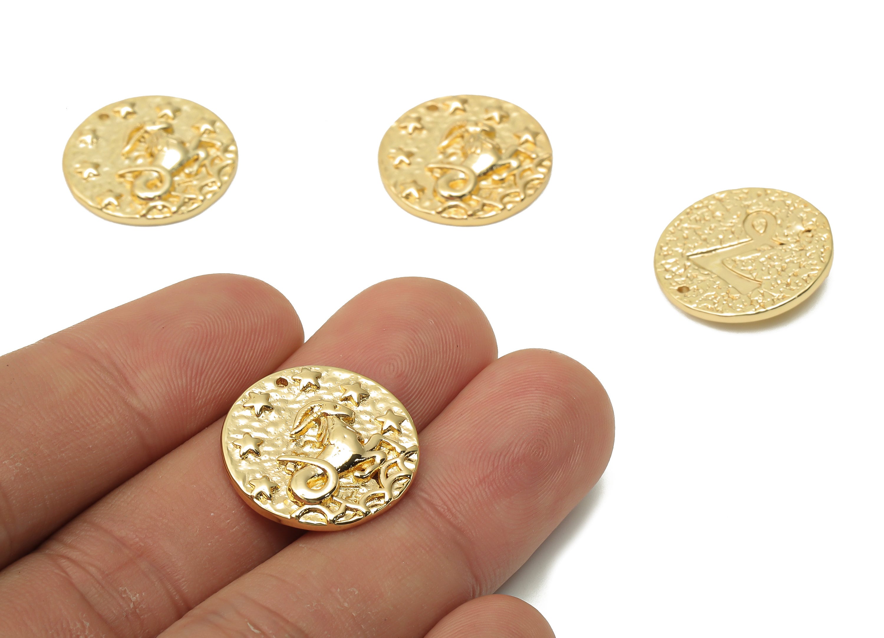 Capricorn Round Earring Charm - Brass Horoscopes Necklace - Brass Zodiac Pendant - 18K Real Gold Plated - 19.4x19.4x3.4mm - RGP4783F - DOMEDBAZAAR