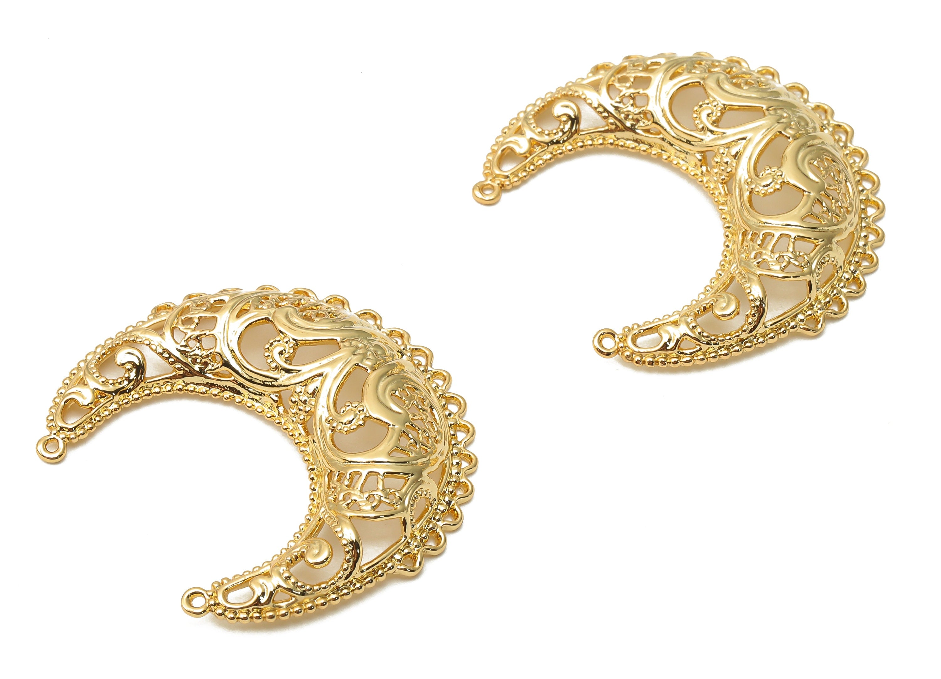 Brass Crescent Earrings Charm - Brass Textured Connectors - Brass Raised Moon Pendant - 18K Real Gold Plated - 37.16x34.47x2.48mm - RGP4785 - DOMEDBAZAAR